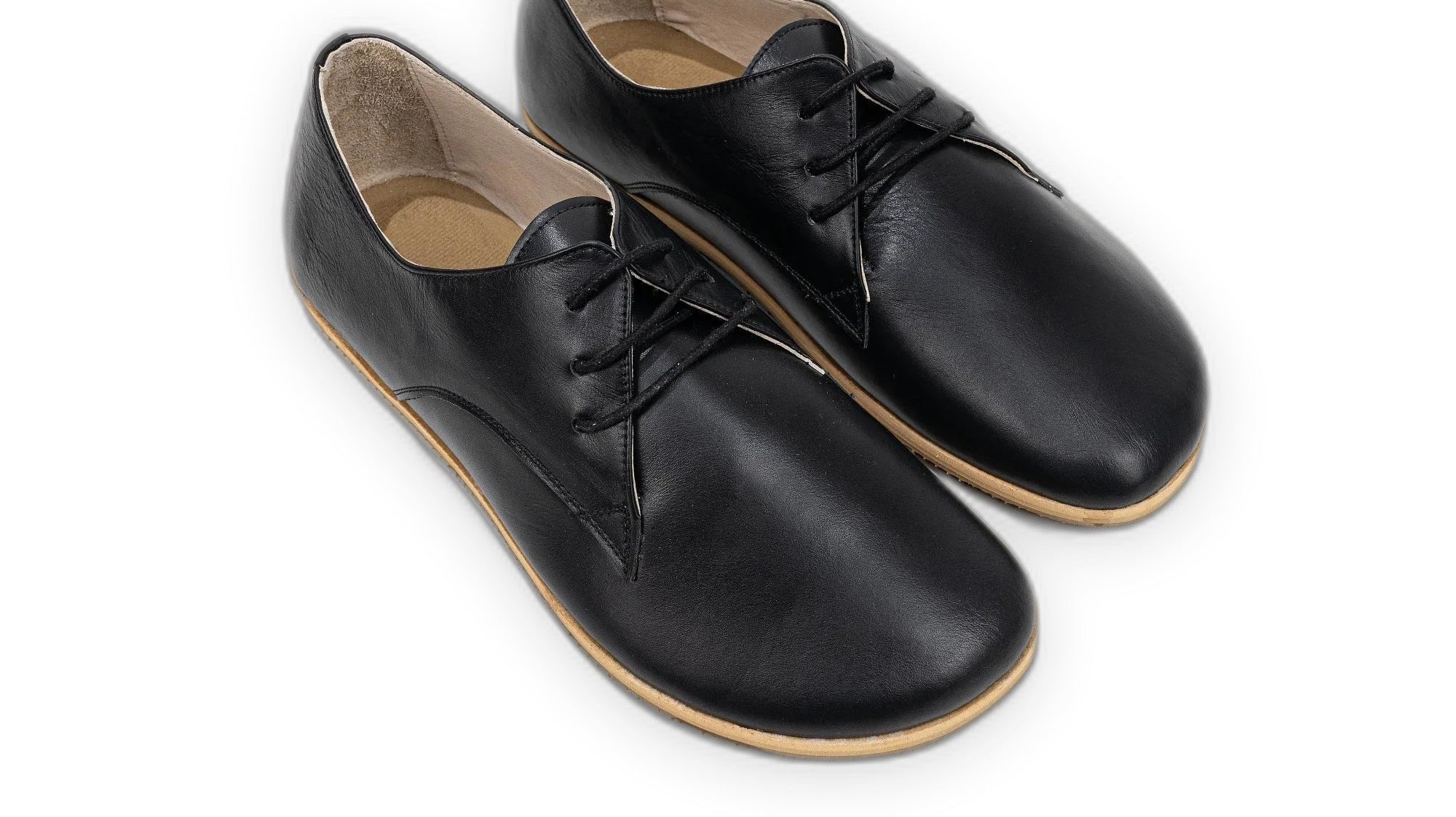 Black full-grain leather barefoot Oxford dress shoes with a wide toe box and zero drop sole, styled for the office