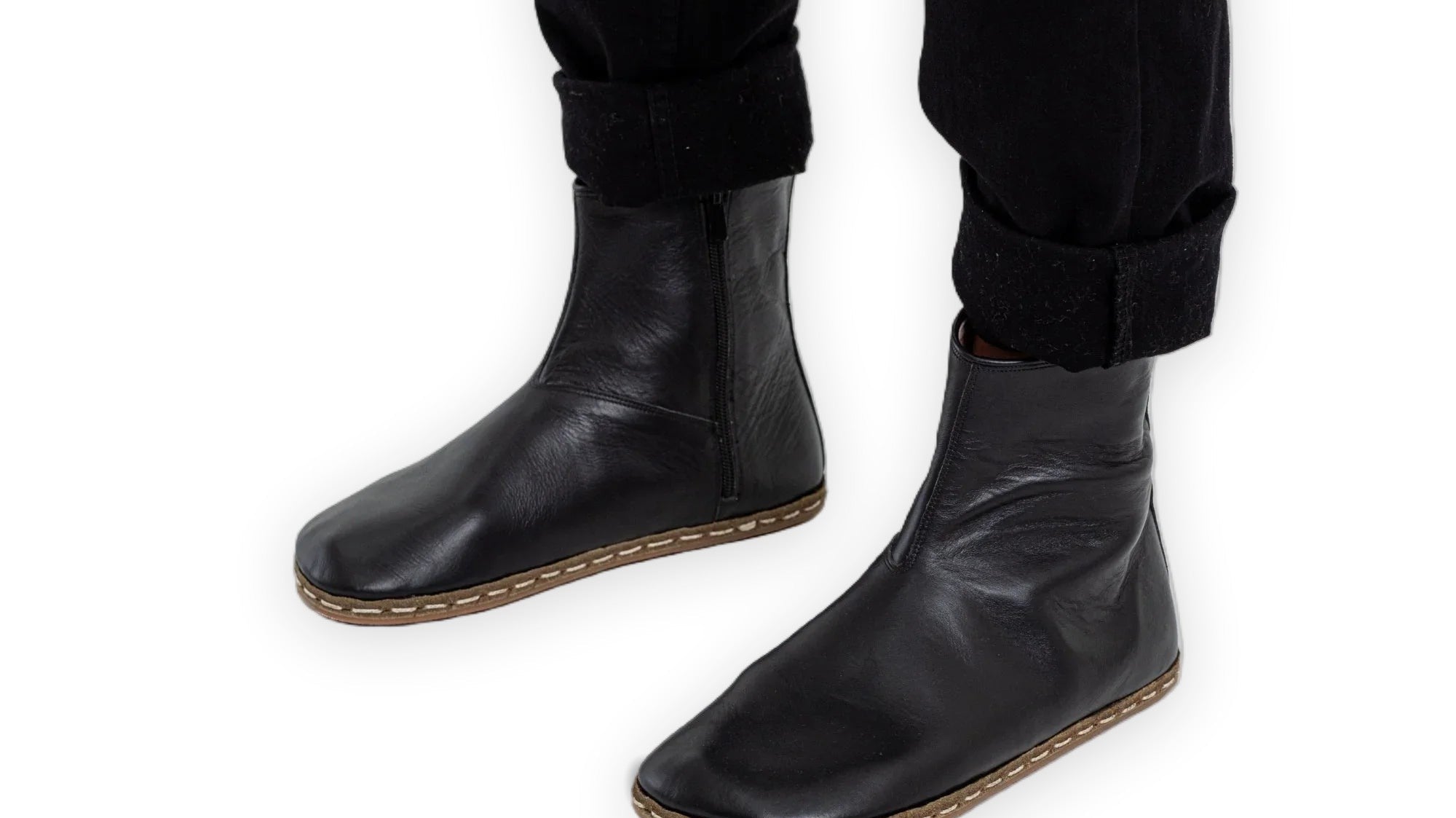 Bespoky black full-grain leather barefoot chelsea boots, zero drop sole with a roomy toe box