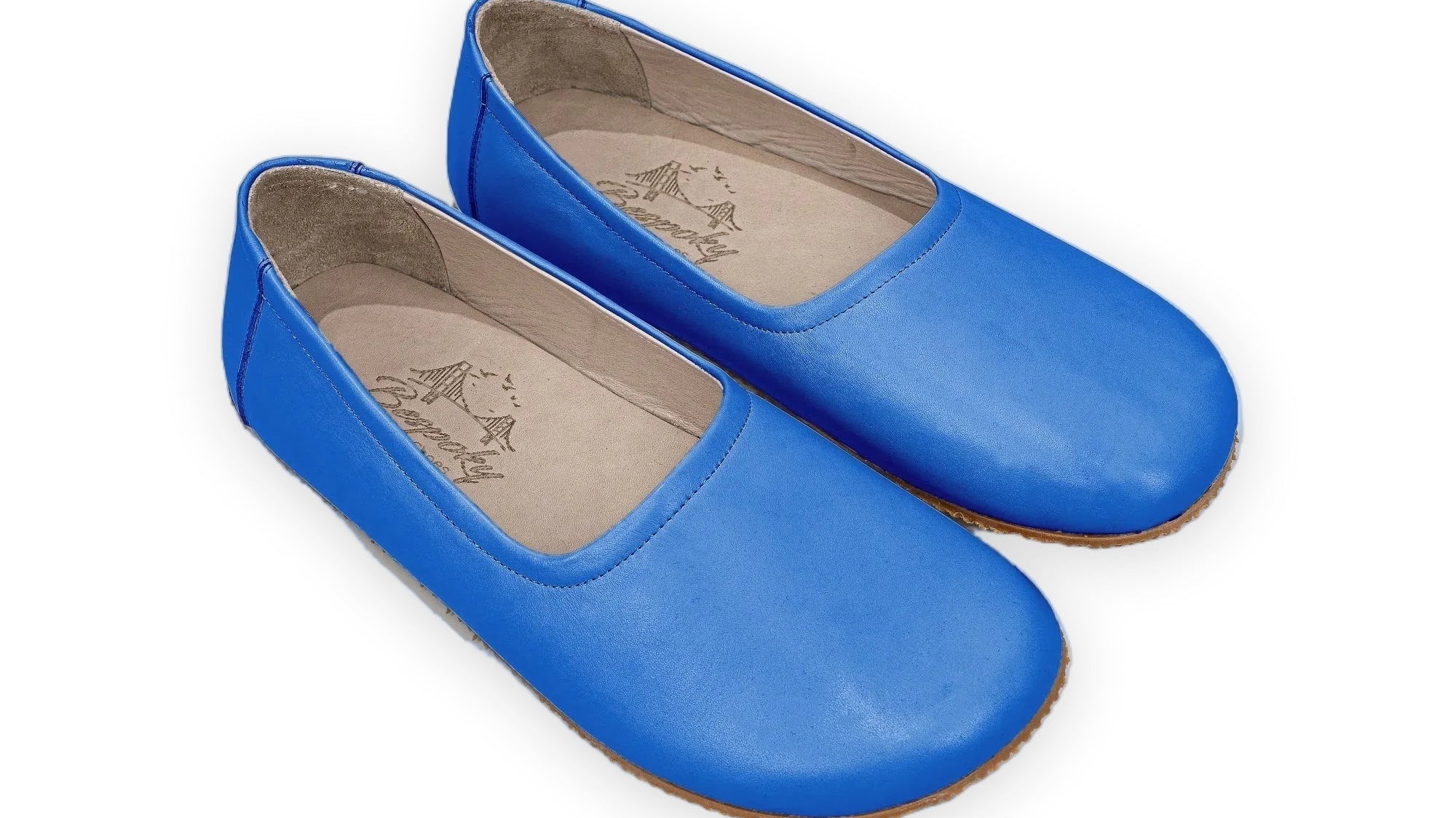 Blue calf leather barefoot ballet flats with a wide toe box, a comfortable flat option for pregnancy