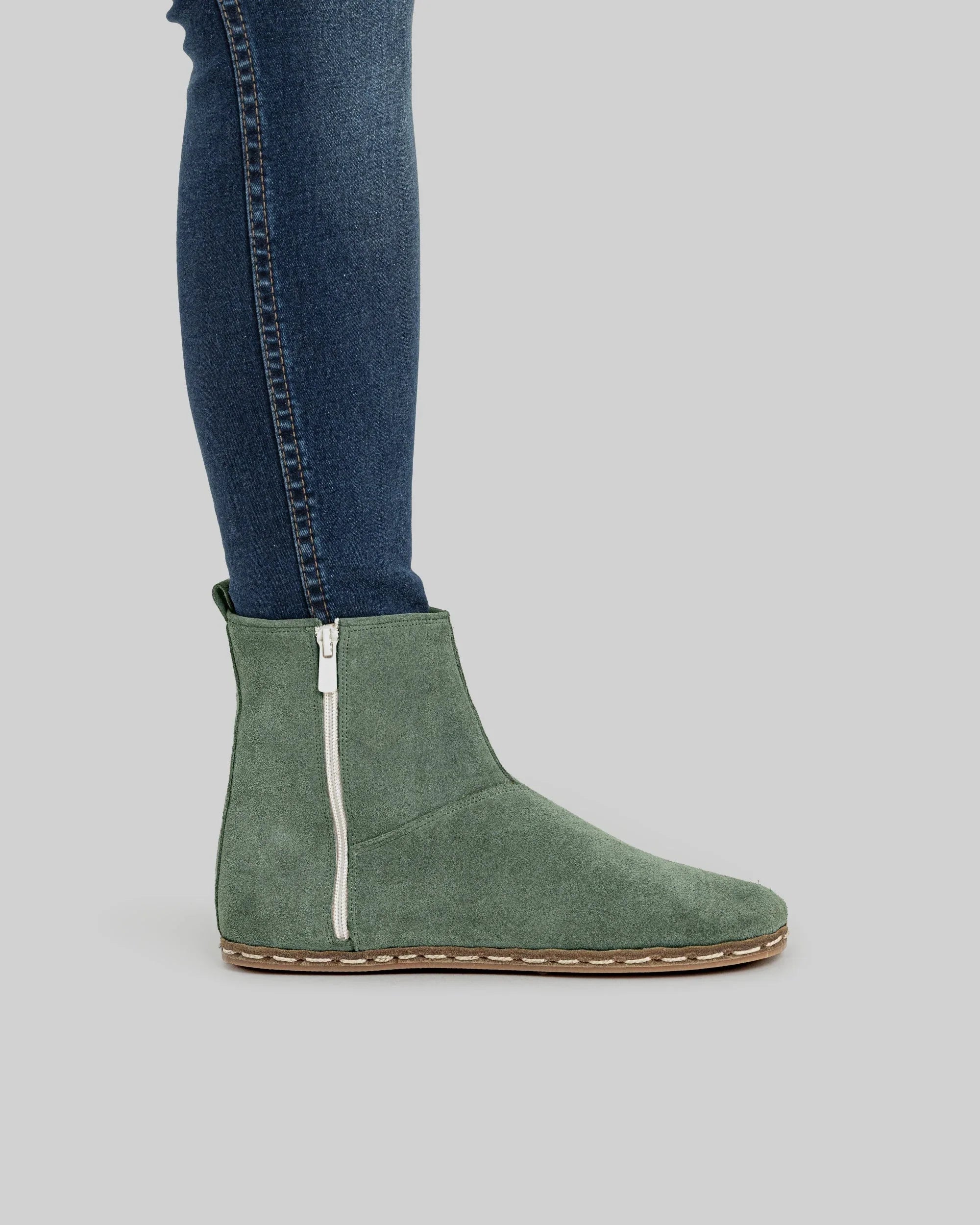Pair Green Suede Chelsea Boots - Barefoot Wide Toe Calf Leather | Bespoky