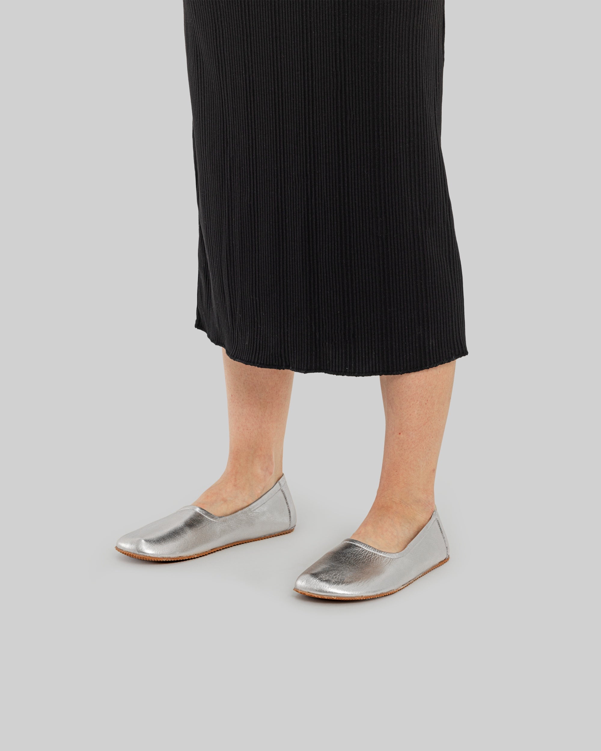 Pair Silver Ballet Flats - Barefoot Wide Toe Calf Leather | Bespoky