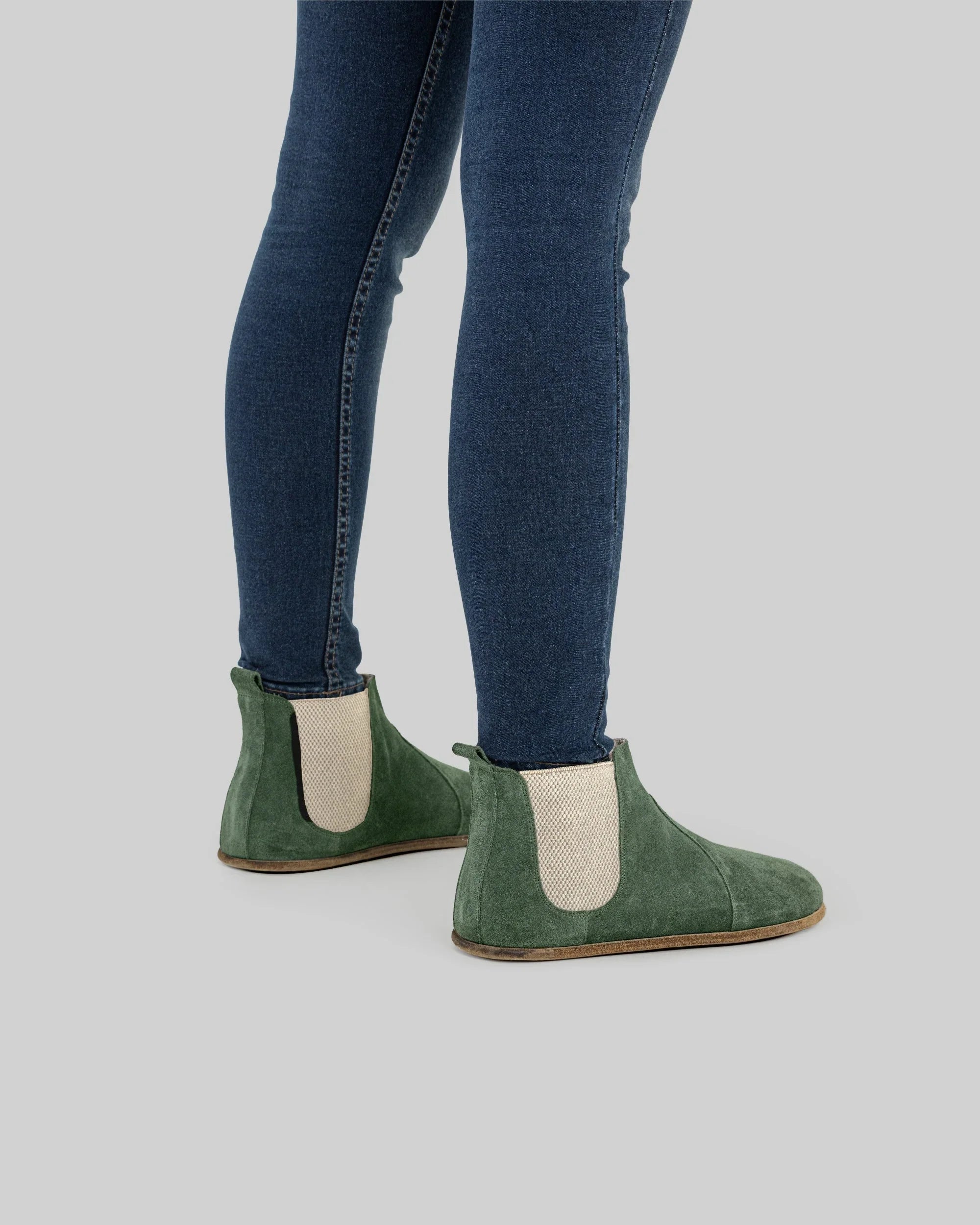 Pair Green Suede Chelsea Boots - Barefoot Wide Toe Calf Leather | Bespoky