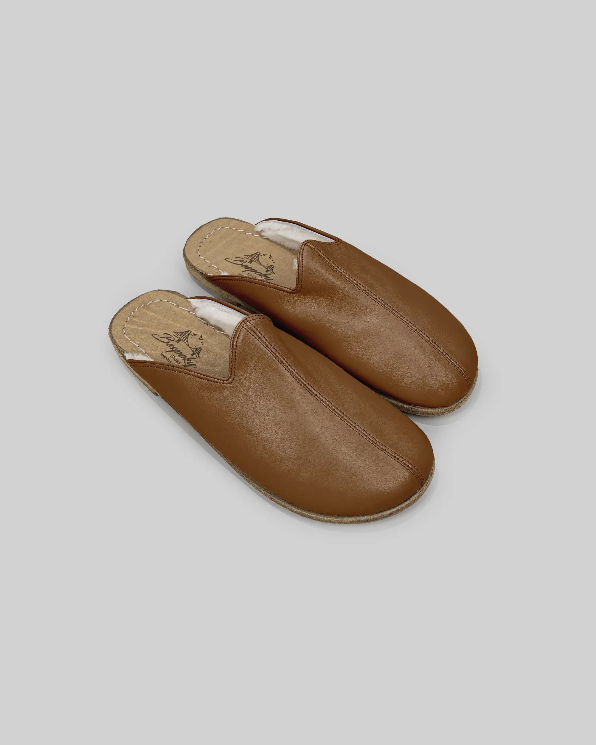 Men's Dark Tan Shearling Slippers - Handcrafted Calf Leather Wide Toe Box | Bespoky