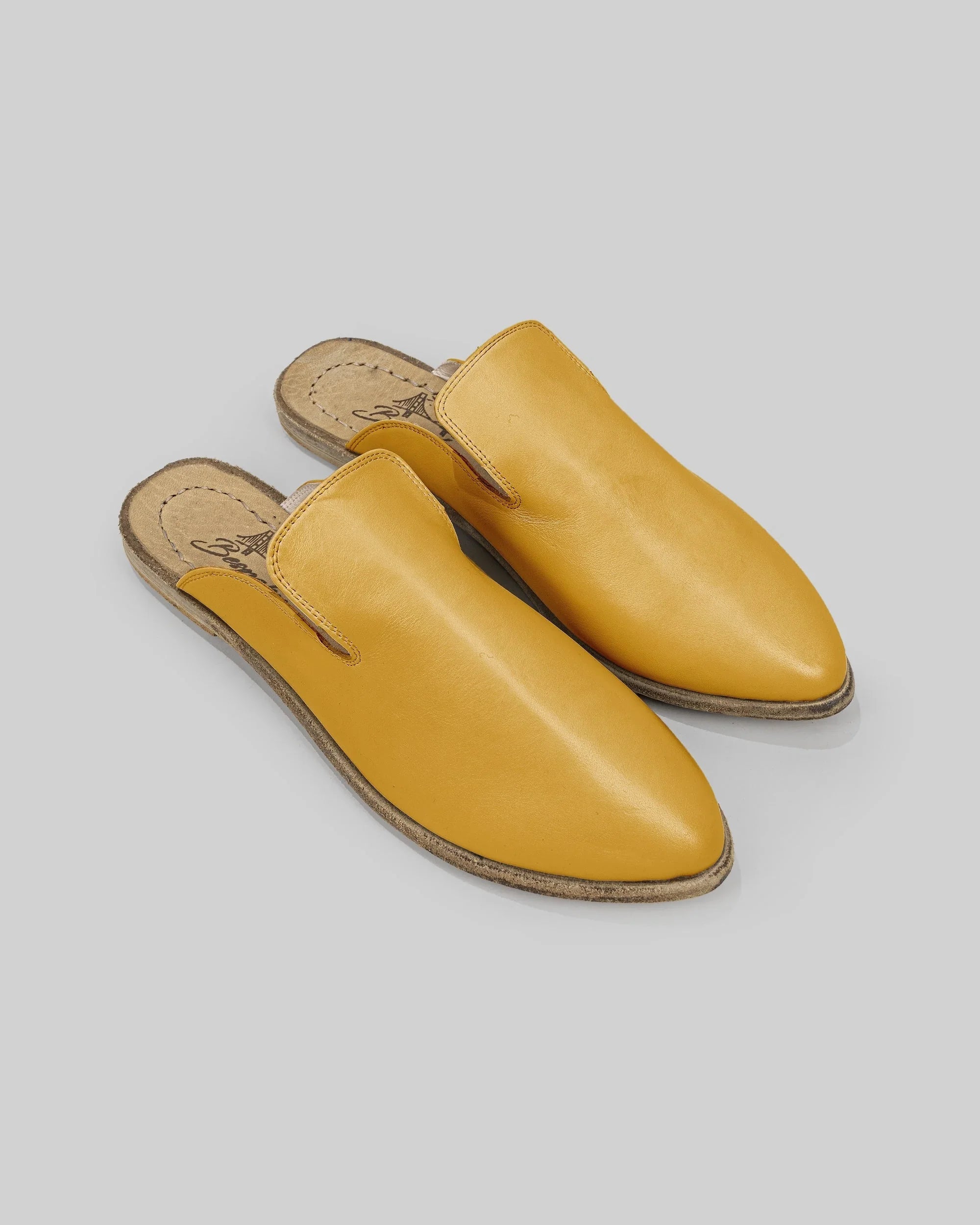 Women's Mustard Pointed Toe Mules - Handcrafted Calf Leather Wide Toe Box | Bespoky