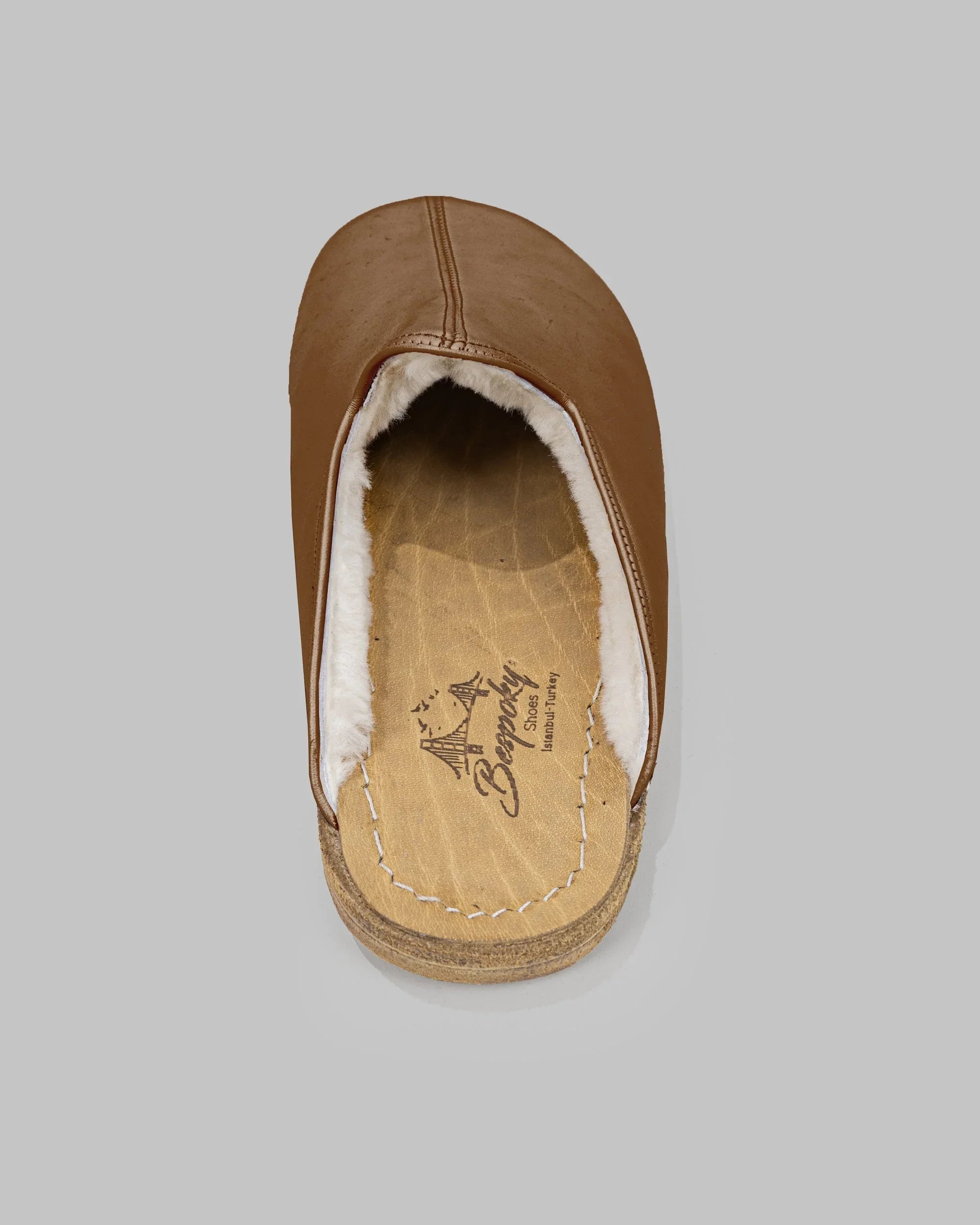 Top view Dark Tan Shearling Slippers - Handcrafted Calf Leather | Bespoky