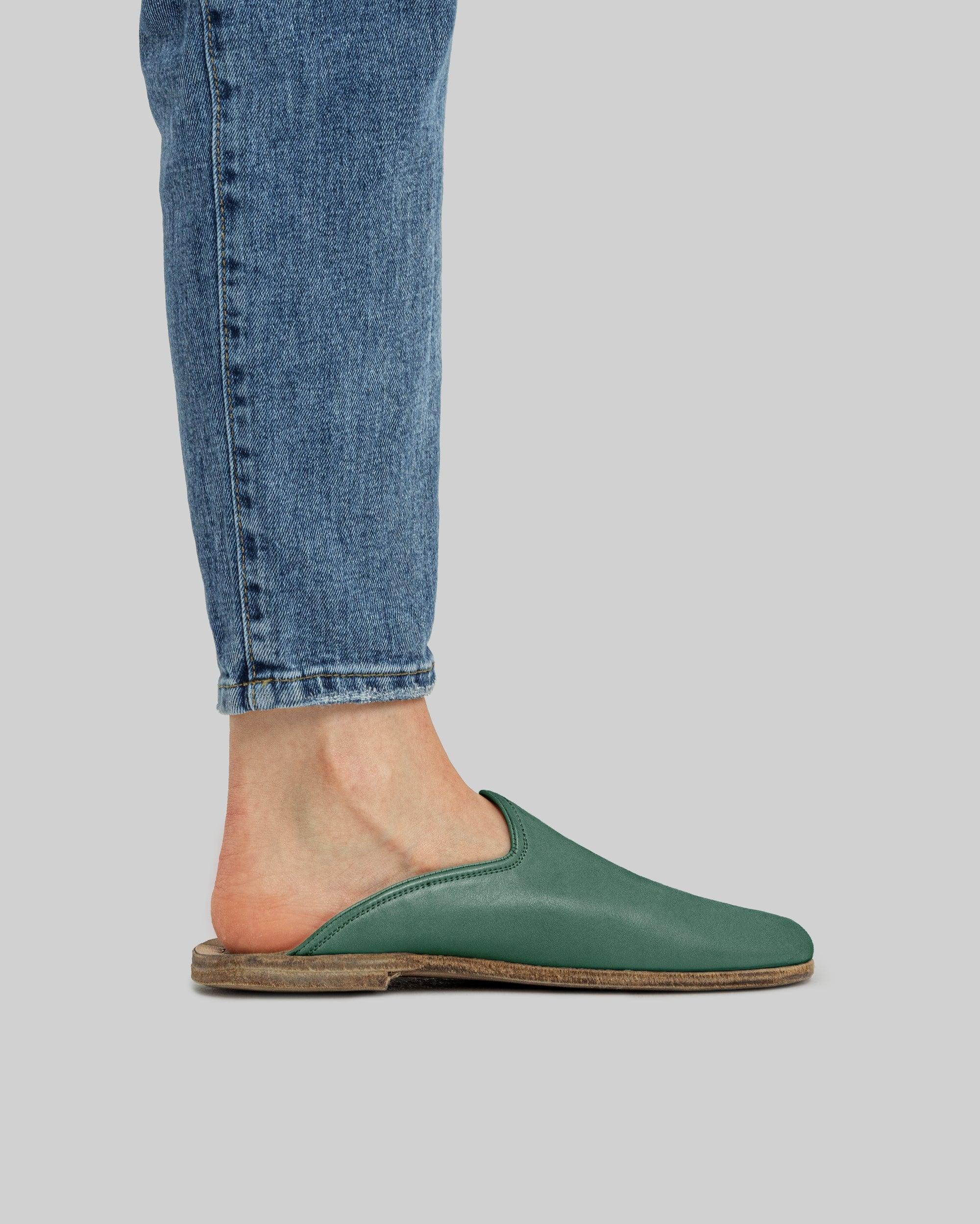 Side view Green Shearling Slippers - Calf Leather Zero Drop | Bespoky