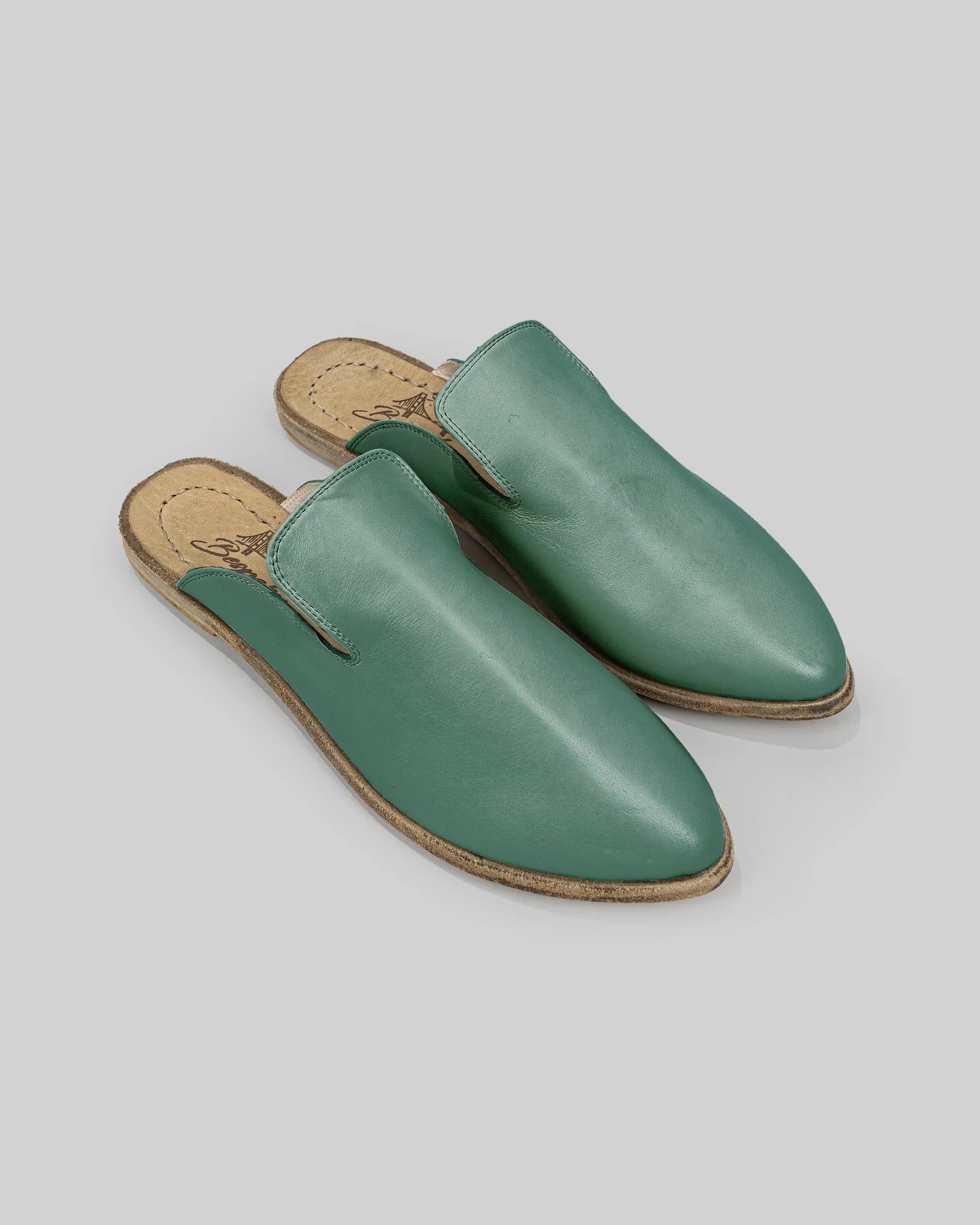 Women's Green Pointed Toe Mules - Handcrafted Calf Leather Wide Toe Box | Bespoky