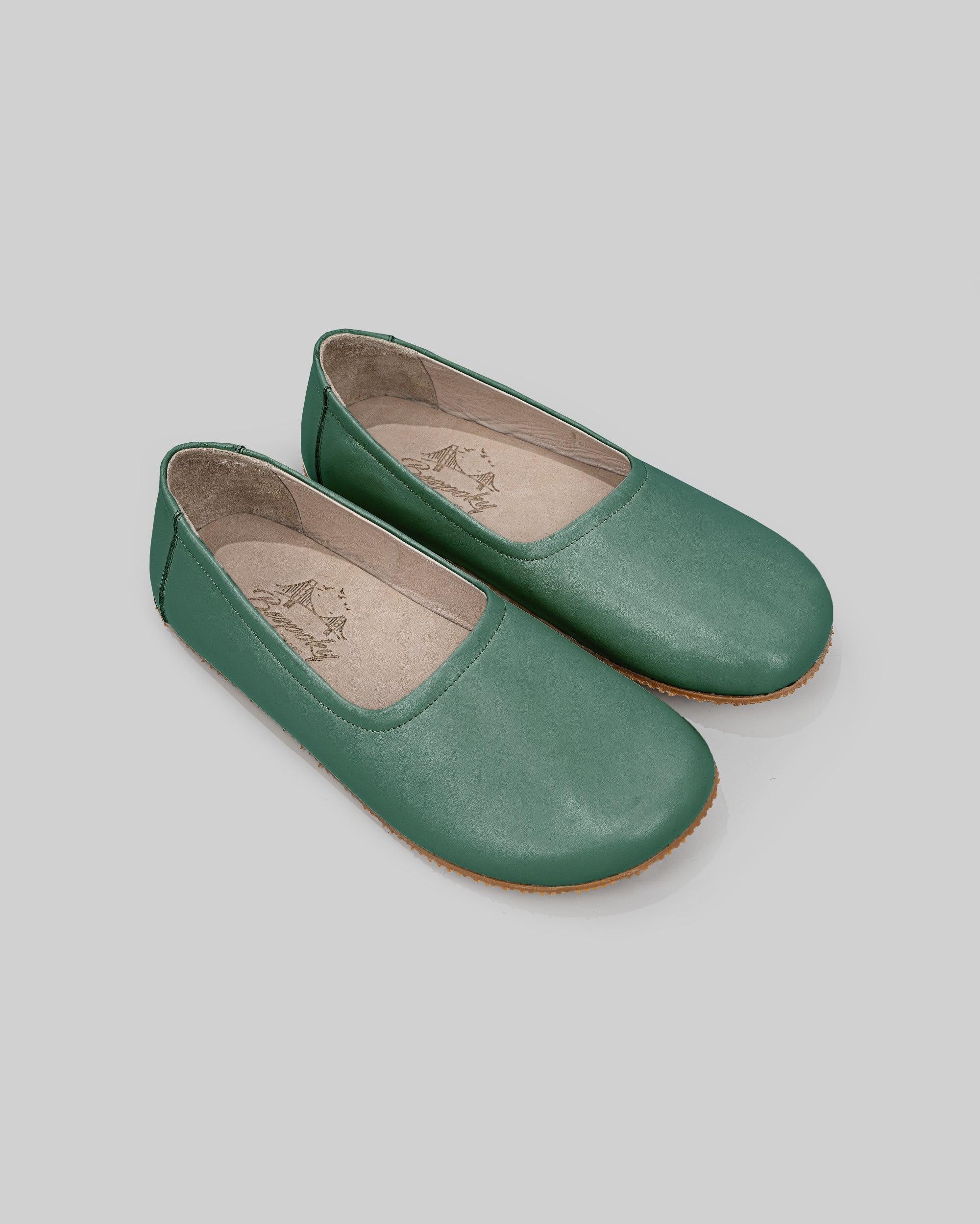 Women's Green Ballet Flats - Handcrafted Calf Leather Wide Toe Box | Bespoky