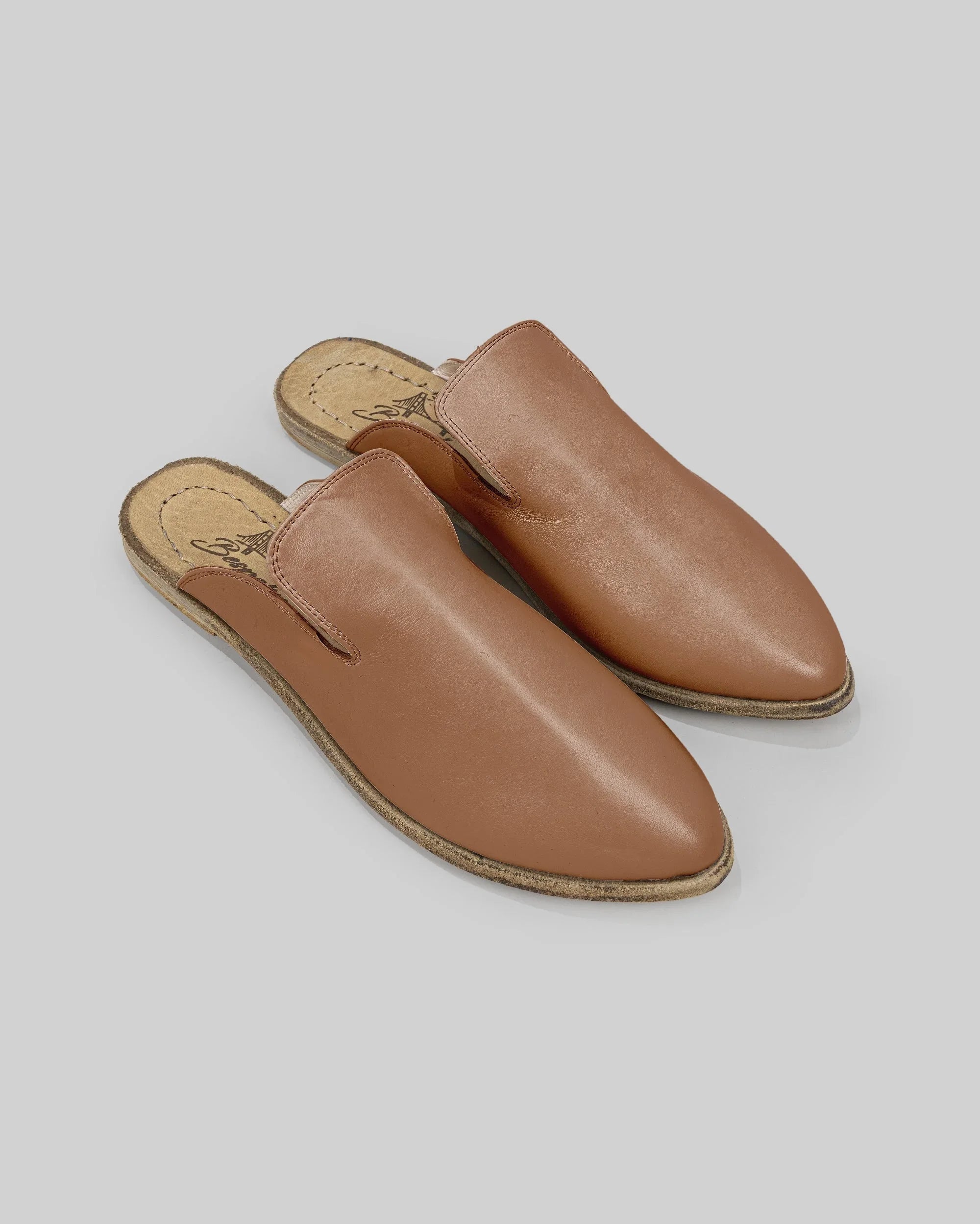 Women's Tan Pointed Toe Mules - Handcrafted Calf Leather Wide Toe Box | Bespoky
