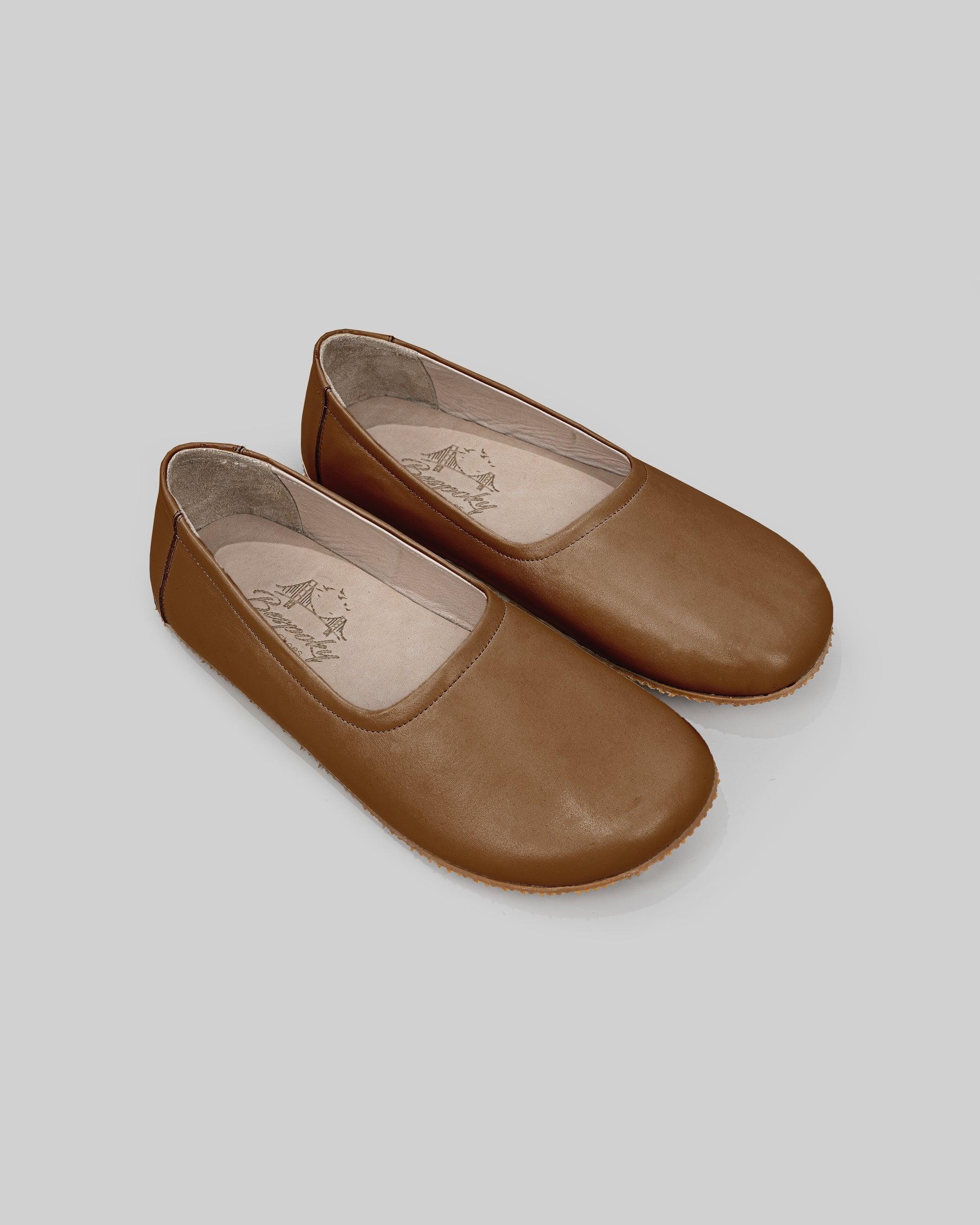 Women's Dark Tan Ballet Flats - Handcrafted Calf Leather Wide Toe Box | Bespoky