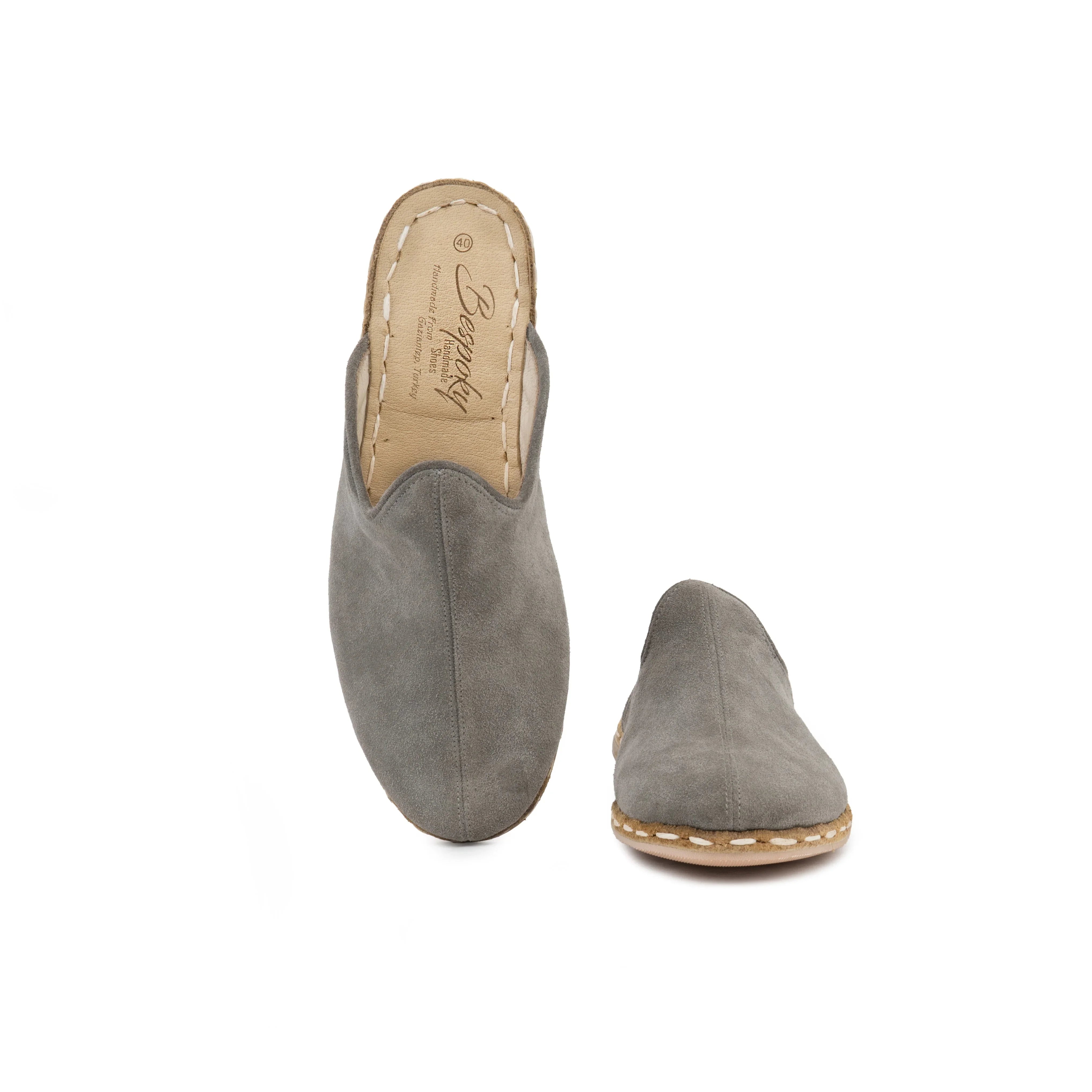 Detail Grey Suede Slippers - Handcrafted Calf Leather Turkey | Bespoky