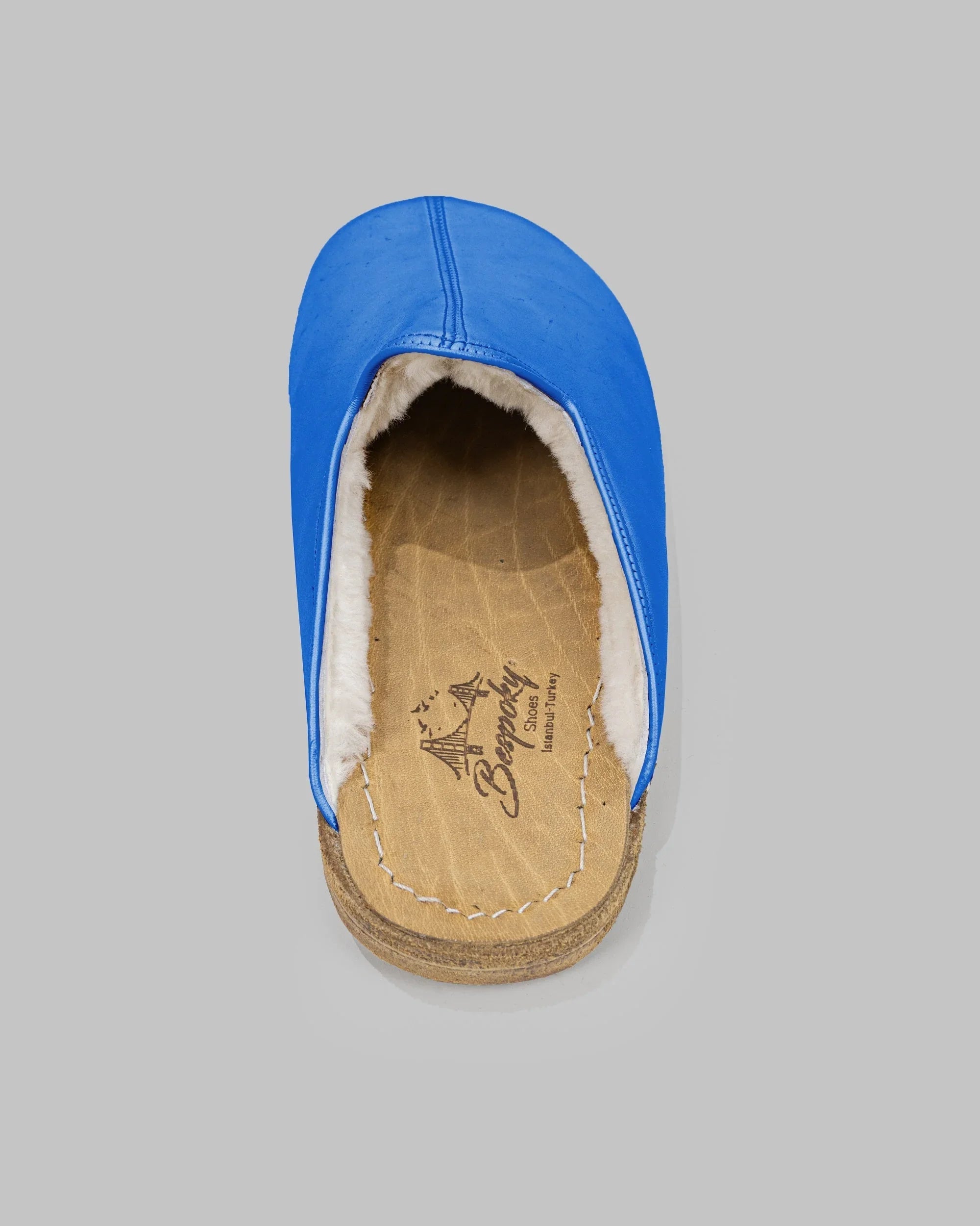 Pair Blue Shearling Slippers - Barefoot Wide Toe Calf Leather | Bespoky