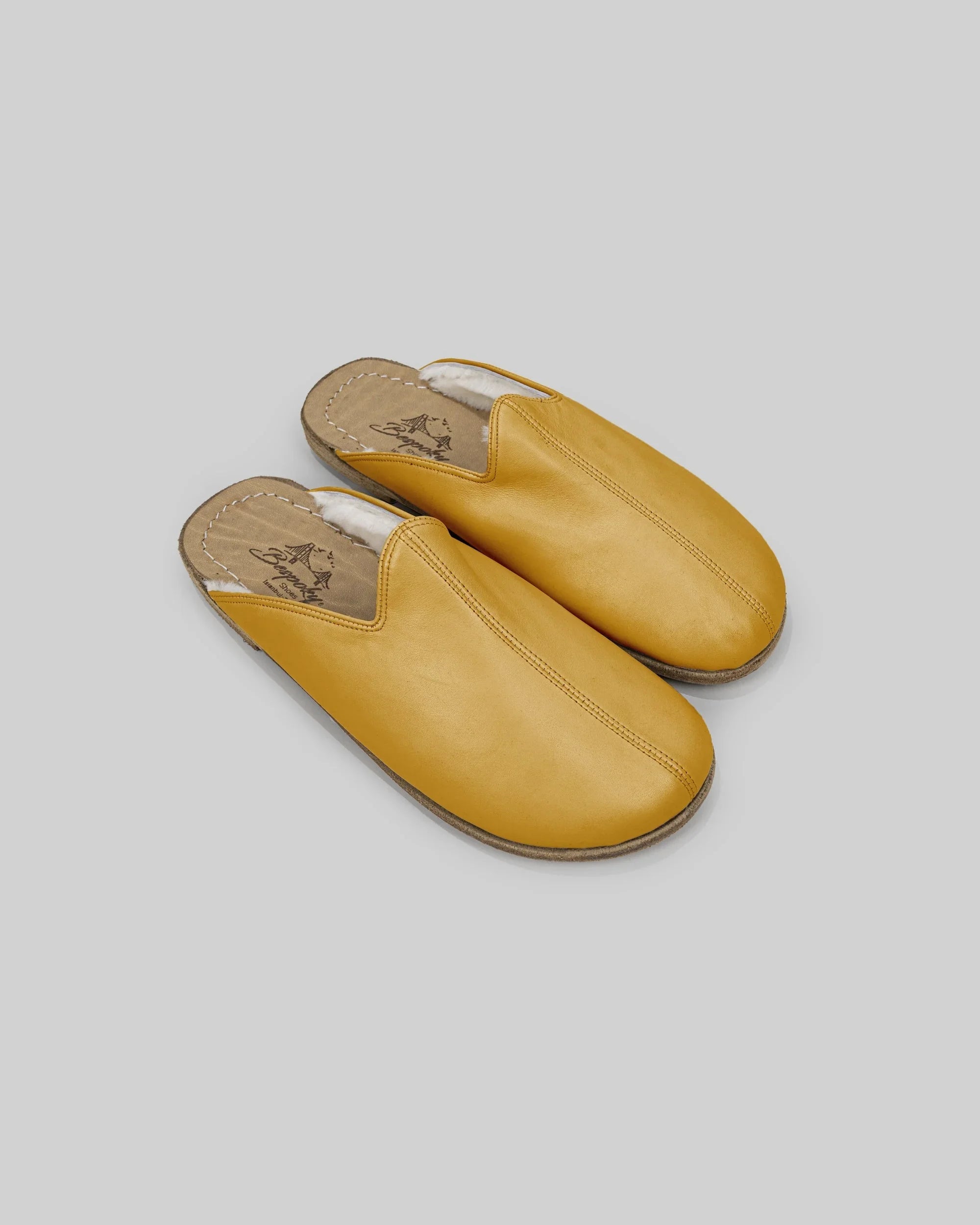Men's Mustard Shearling Slippers - Handcrafted Calf Leather Wide Toe Box | Bespoky