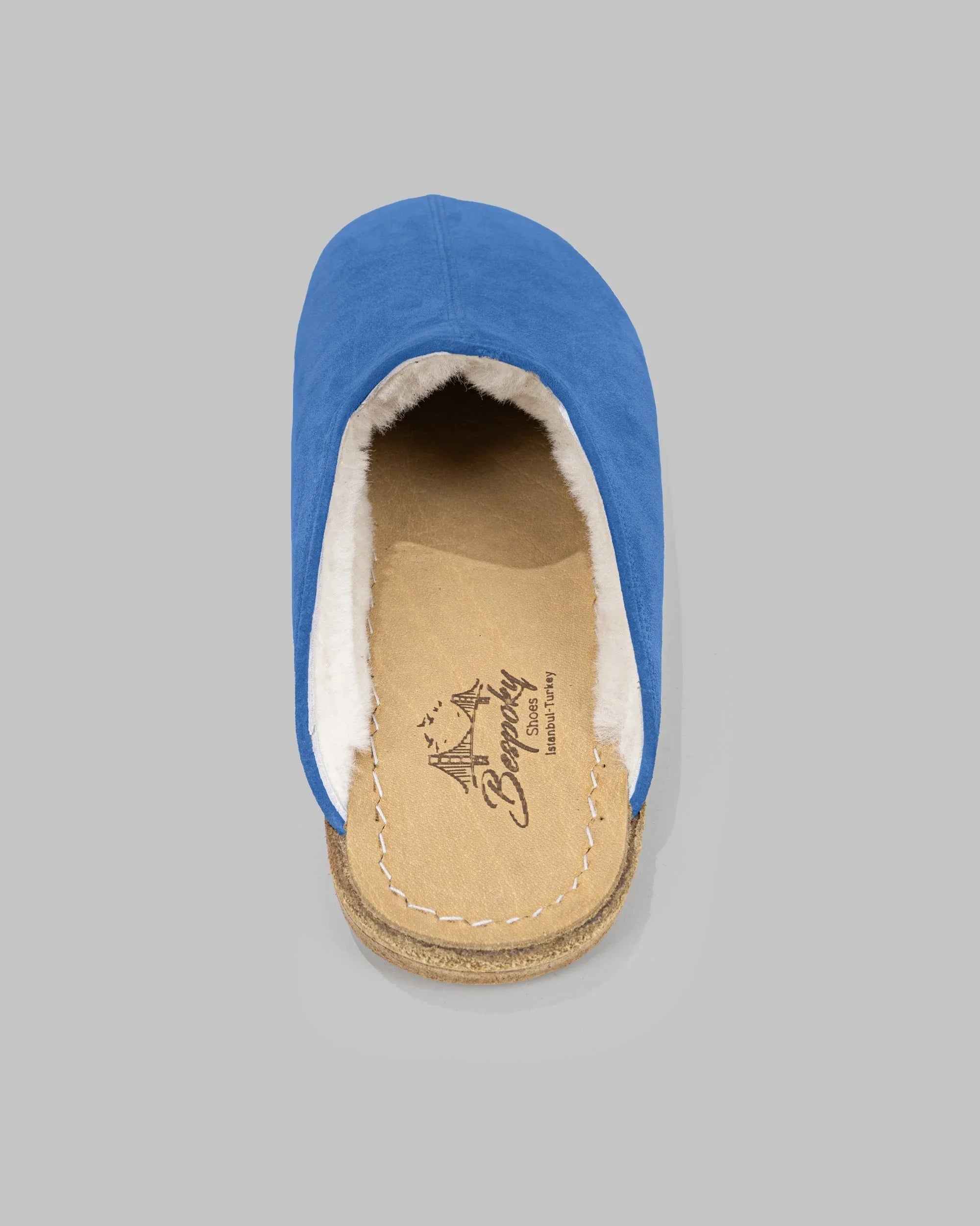 Side view Blue Suede Shearling Slippers - Calf Leather Zero Drop | Bespoky