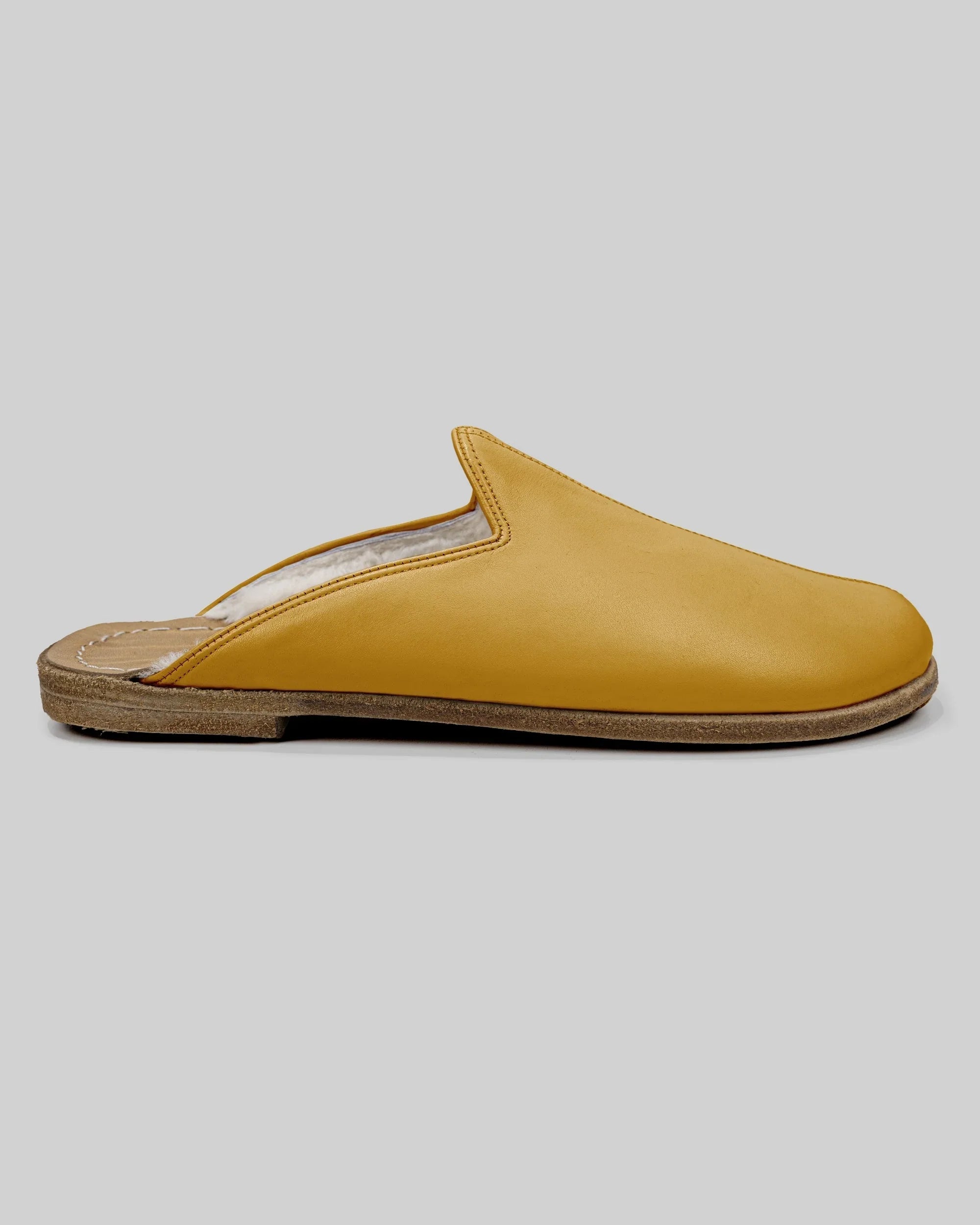 Side view Mustard Shearling Slippers - Calf Leather Zero Drop | Bespoky