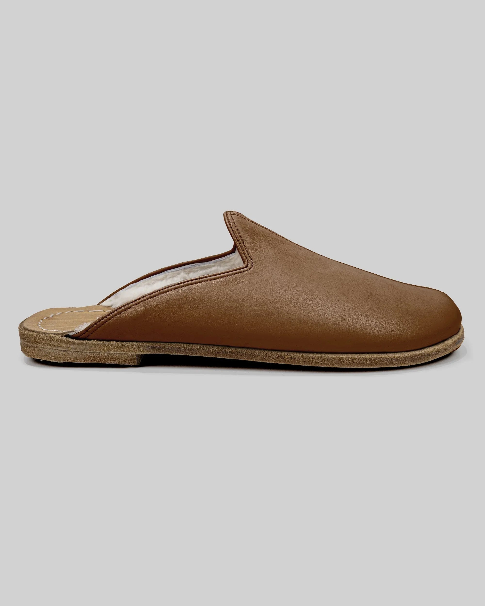 Side view Dark Tan Shearling Slippers - Calf Leather Zero Drop | Bespoky