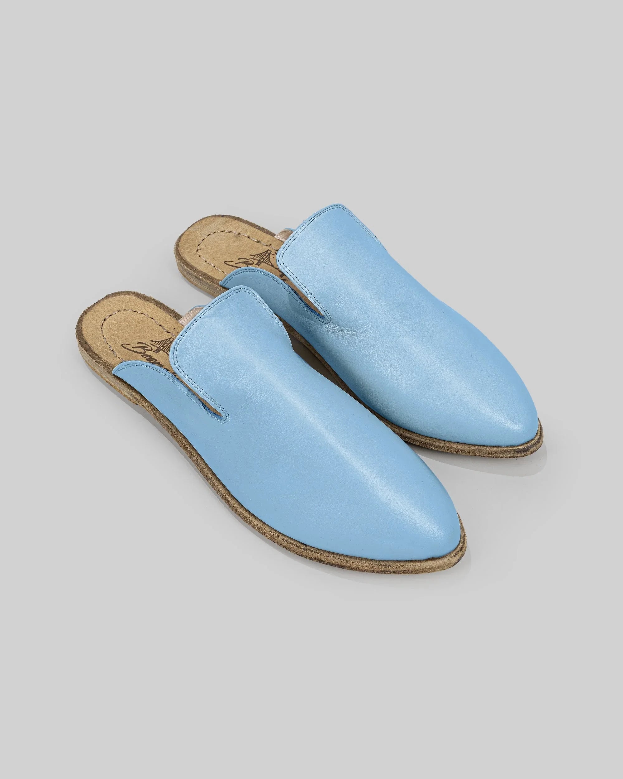 Women's Baby Blue Pointed Toe Mules - Handcrafted Calf Leather Wide Toe Box | Bespoky