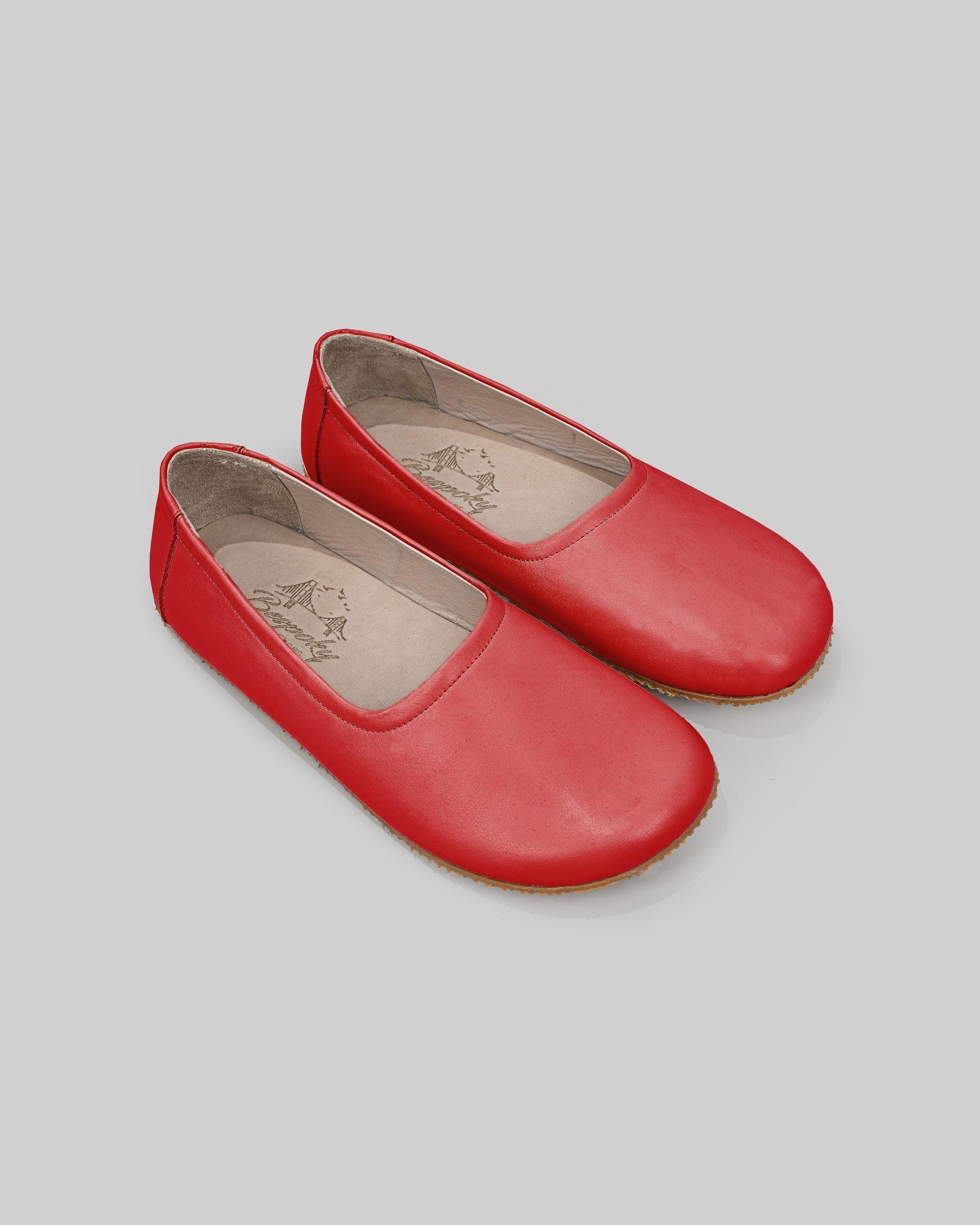 Women's Red Ballet Flats - Handcrafted Calf Leather Wide Toe Box | Bespoky