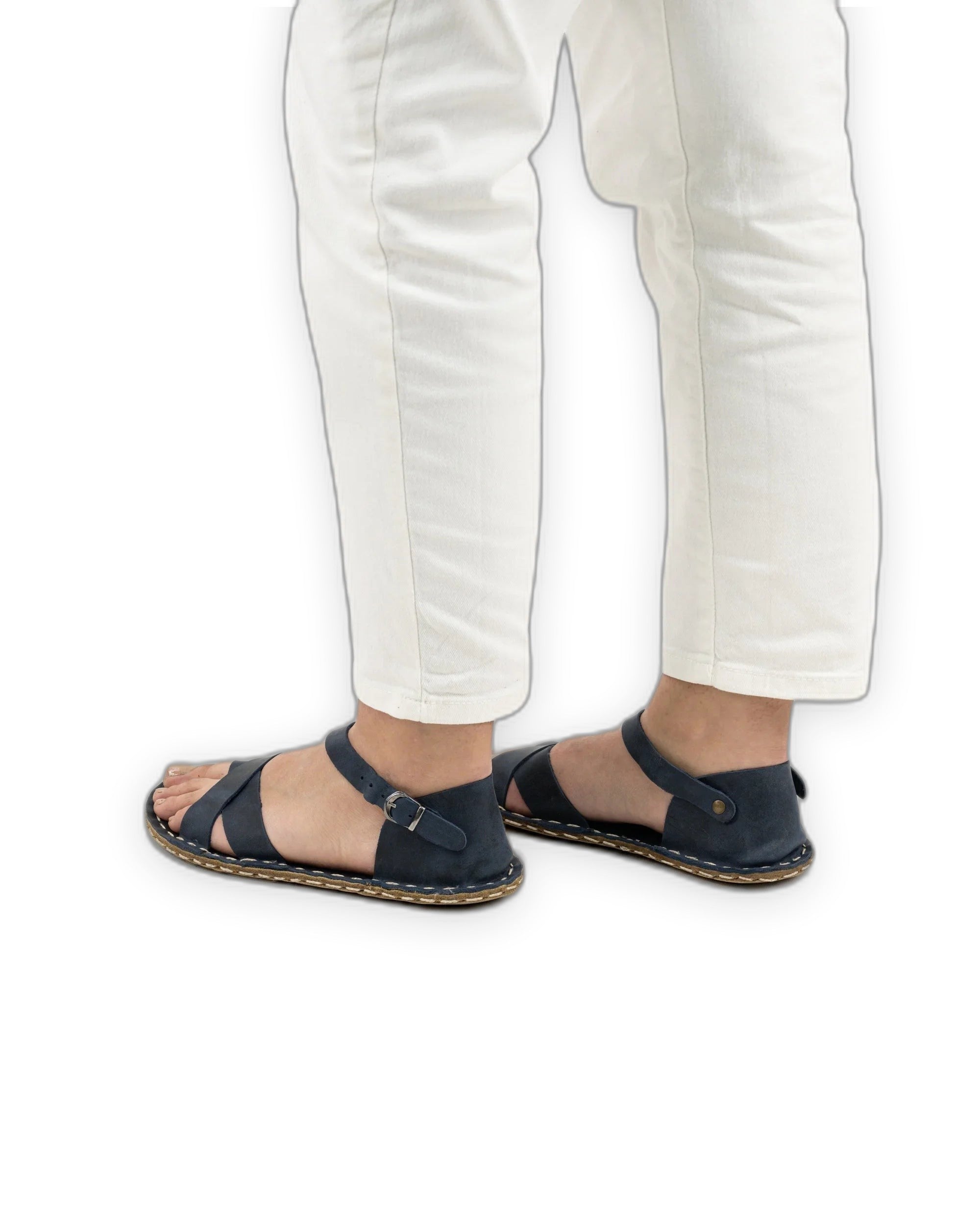 Pair Navy Blue Barefoot Sandal - Barefoot Wide Toe Calf Leather | Bespoky