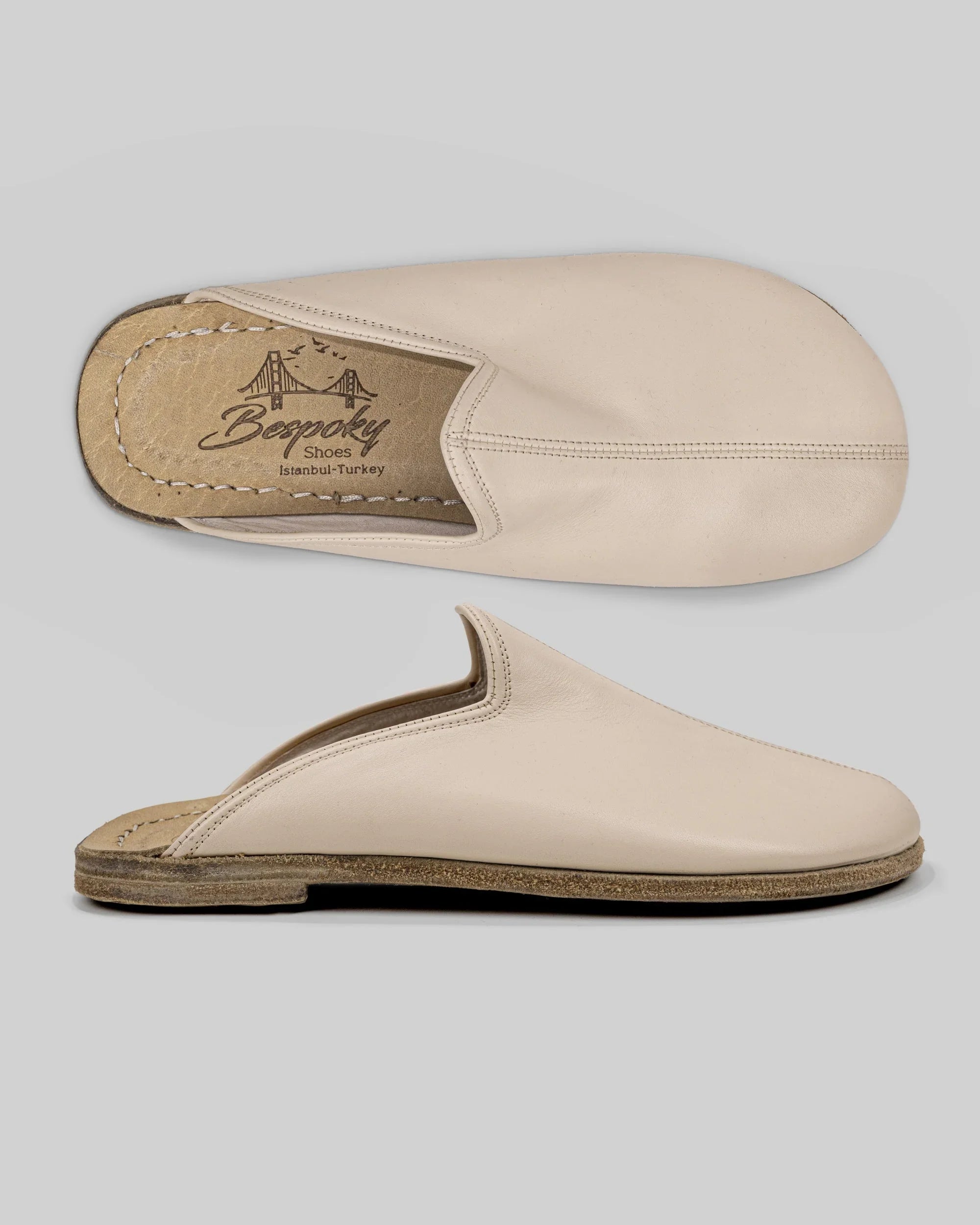 Men's Beige Slippers - Handcrafted Calf Leather Wide Toe Box | Bespoky