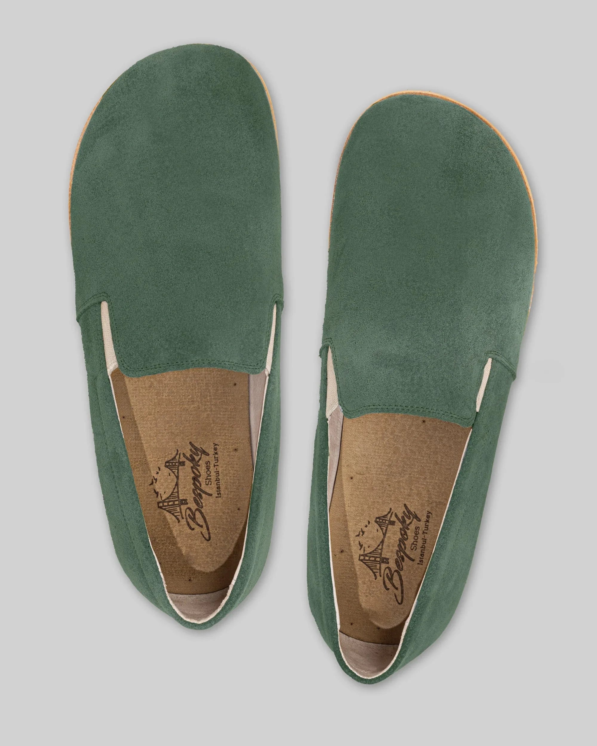 Detail Green Suede Barefoot Shoes - Handcrafted Calf Leather Turkey | Bespoky