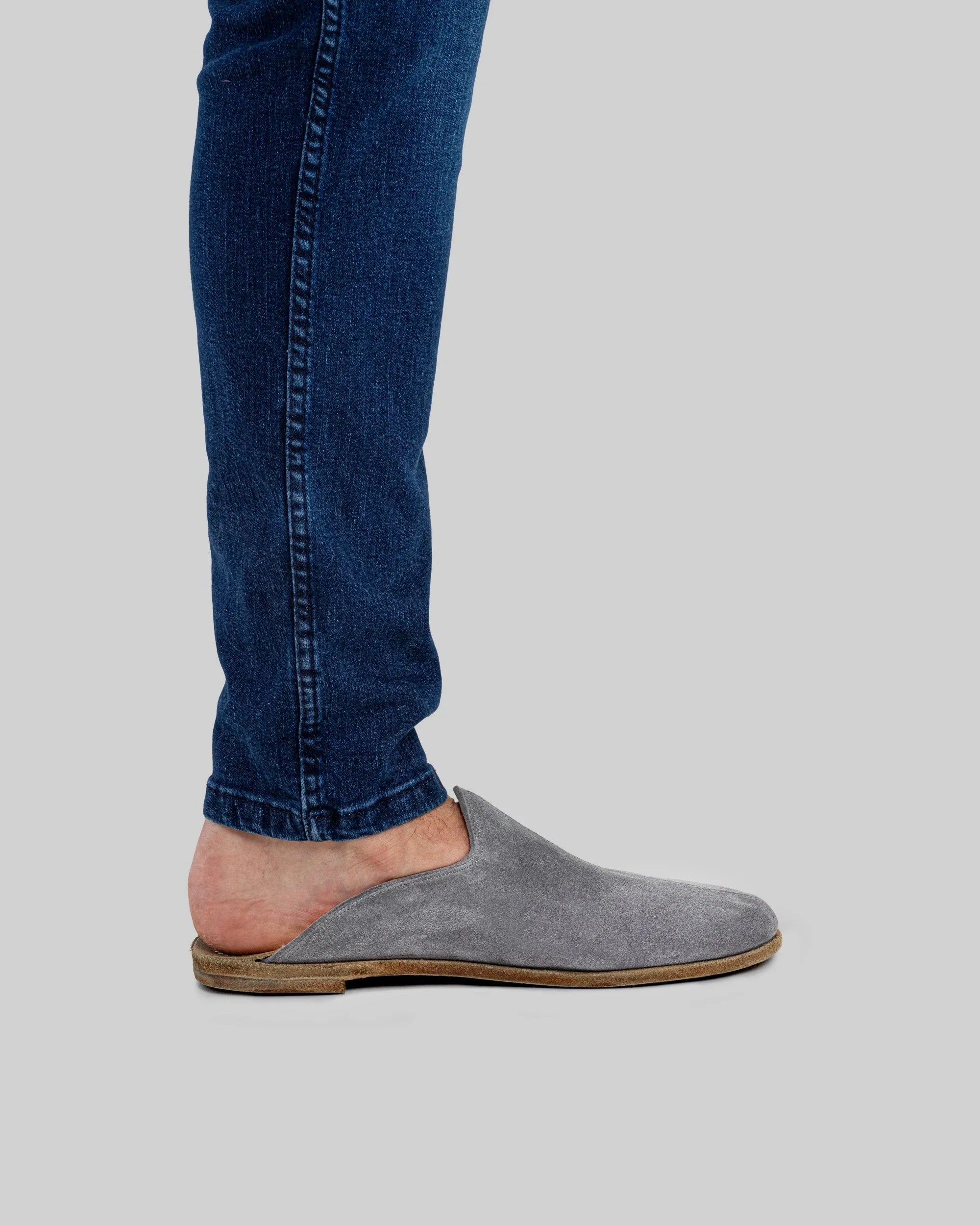 Detail Grey Suede Shearling Slippers - Handcrafted Calf Leather Turkey | Bespoky