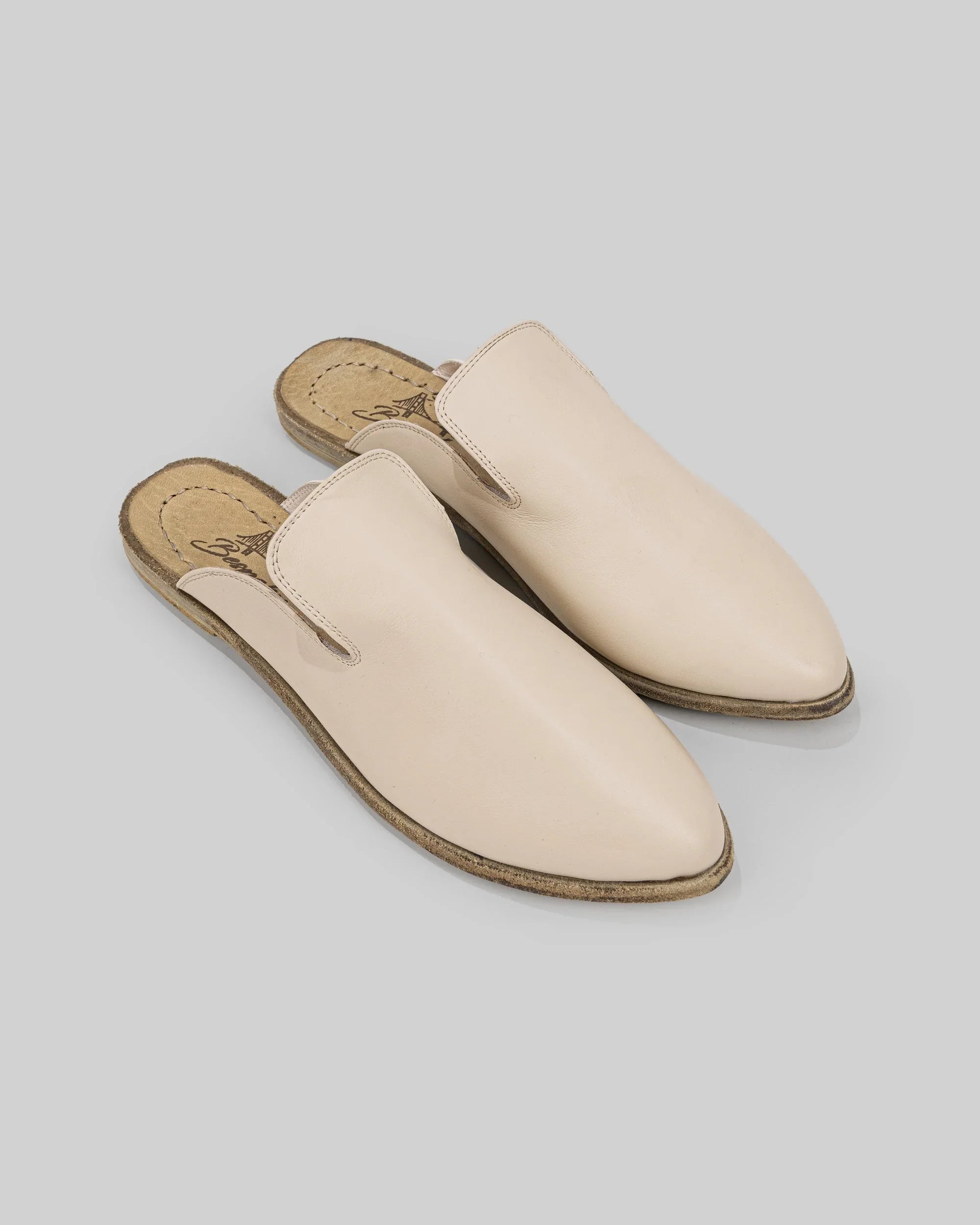 Women's Beige Pointed Toe Mules - Handcrafted Calf Leather Wide Toe Box | Bespoky