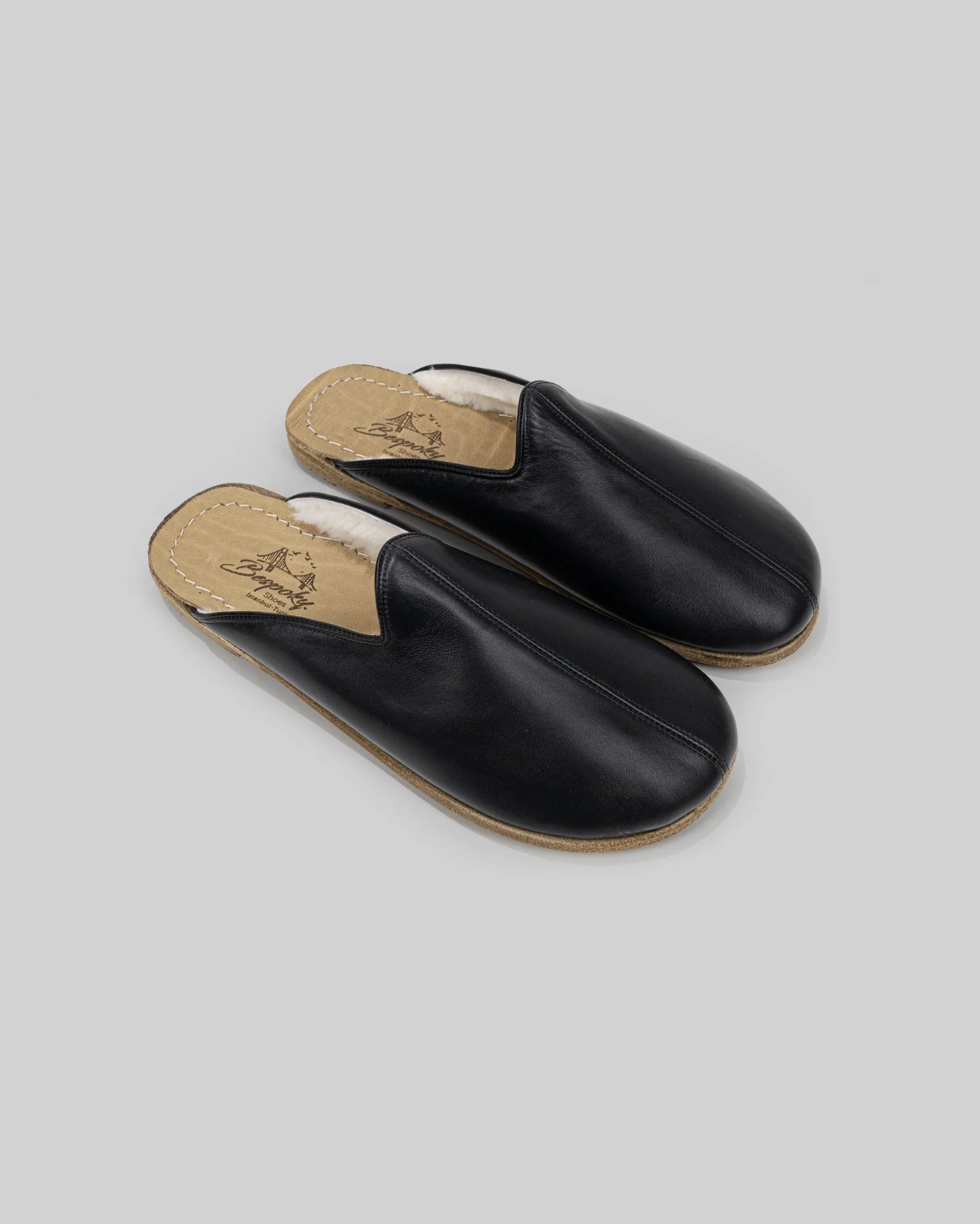 Men's Black Shearling Slippers - Handcrafted Calf Leather Wide Toe Box | Bespoky