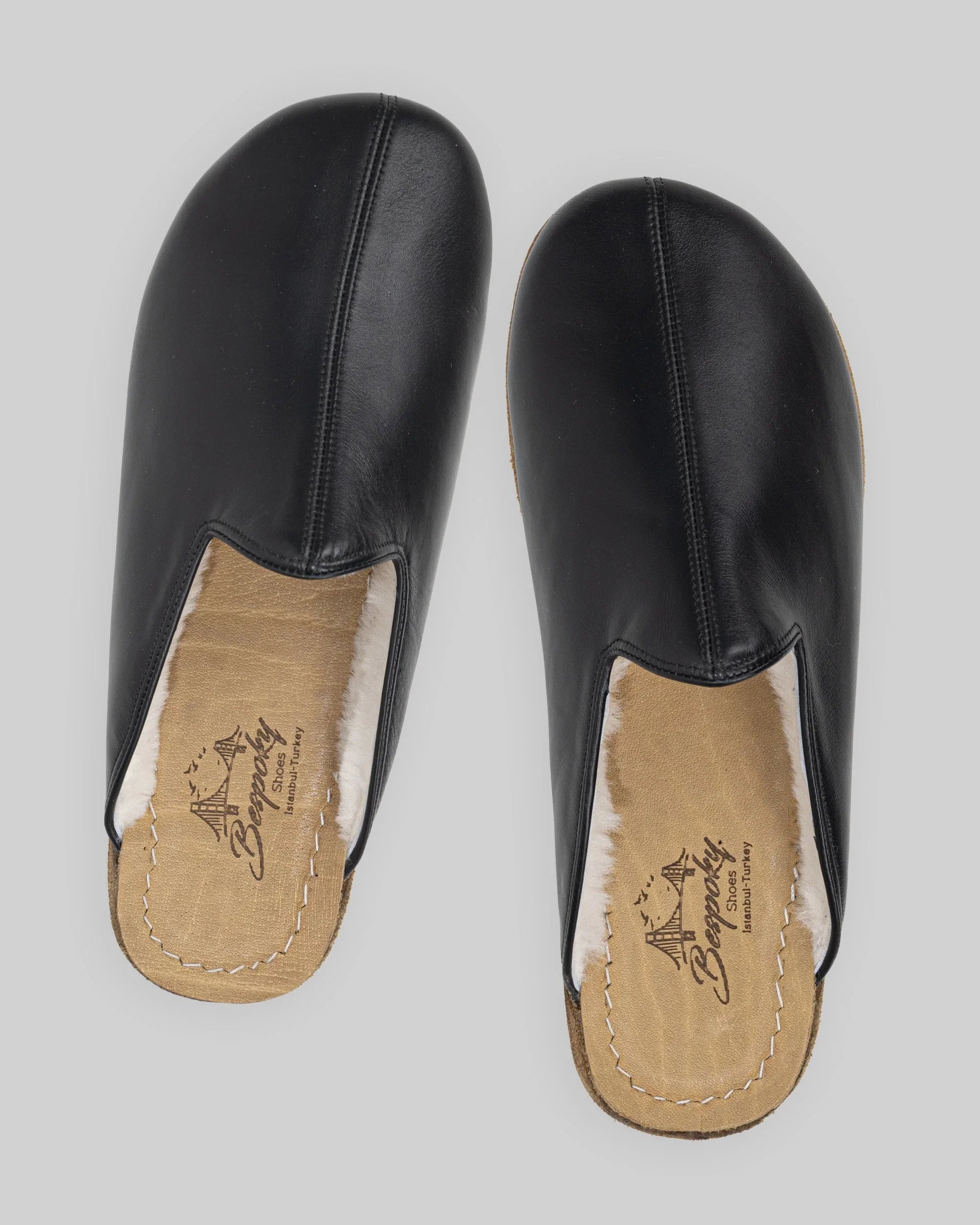 Top view Black Shearling Slippers - Handcrafted Calf Leather | Bespoky