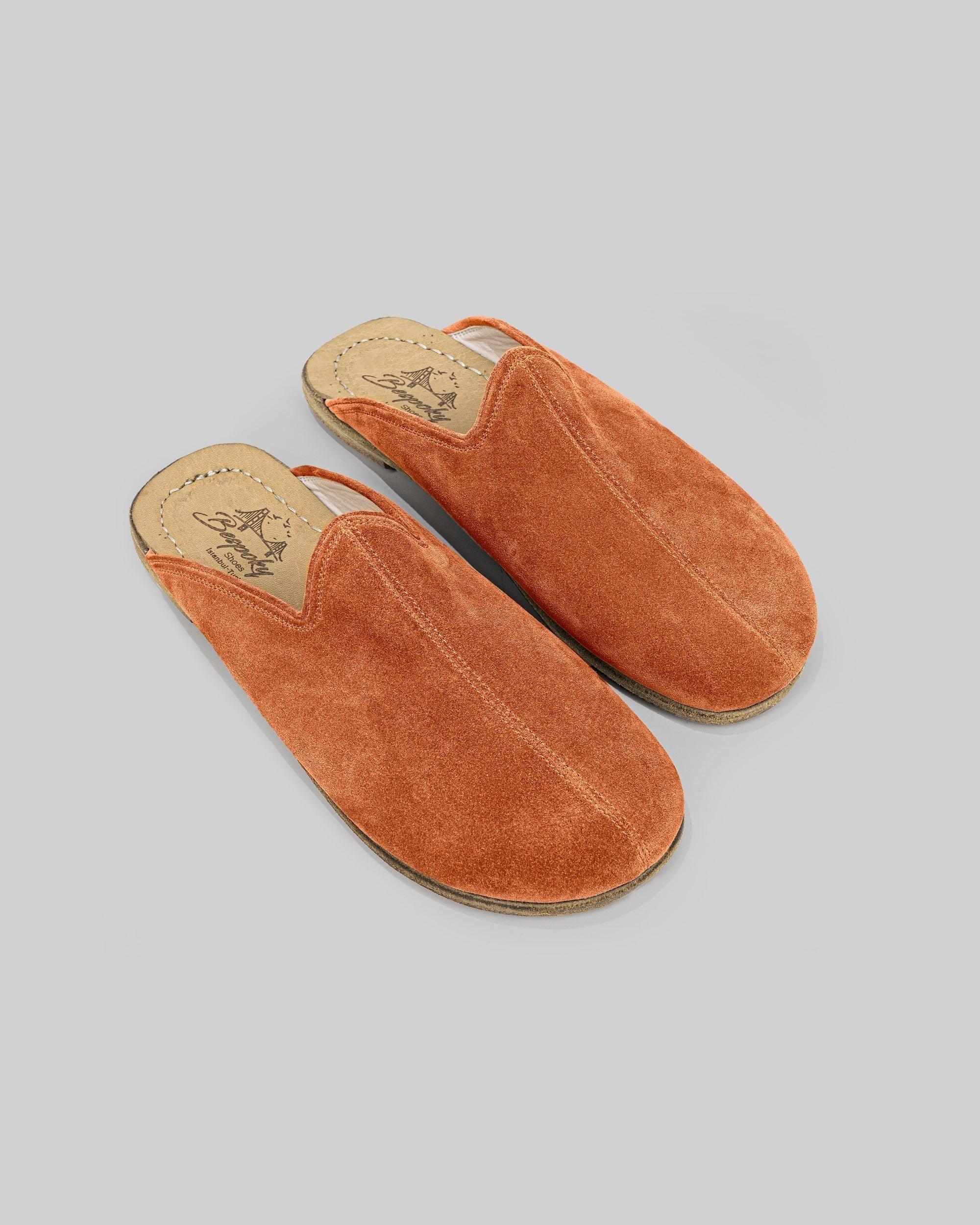 Men's Orange Suede Slippers - Handcrafted Calf Leather Wide Toe Box | Bespoky