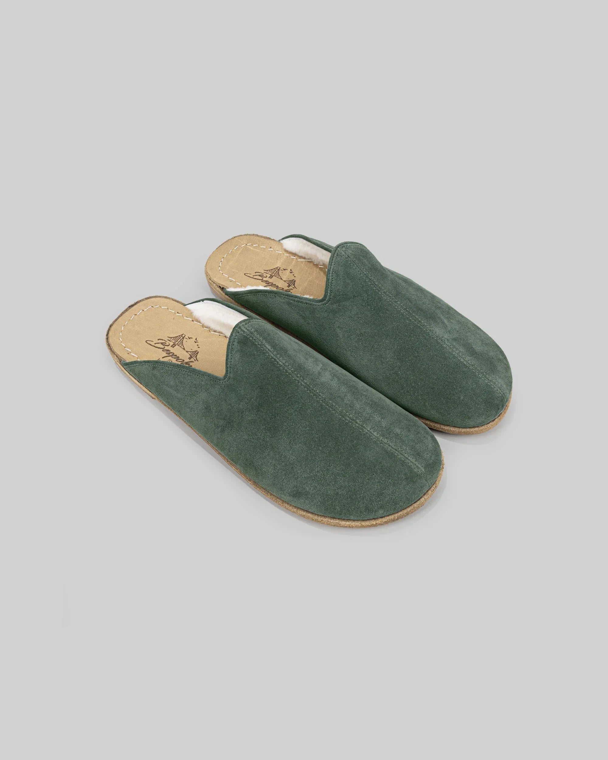 Men's Green Suede Shearling Slippers - Handcrafted Calf Leather Wide Toe Box | Bespoky