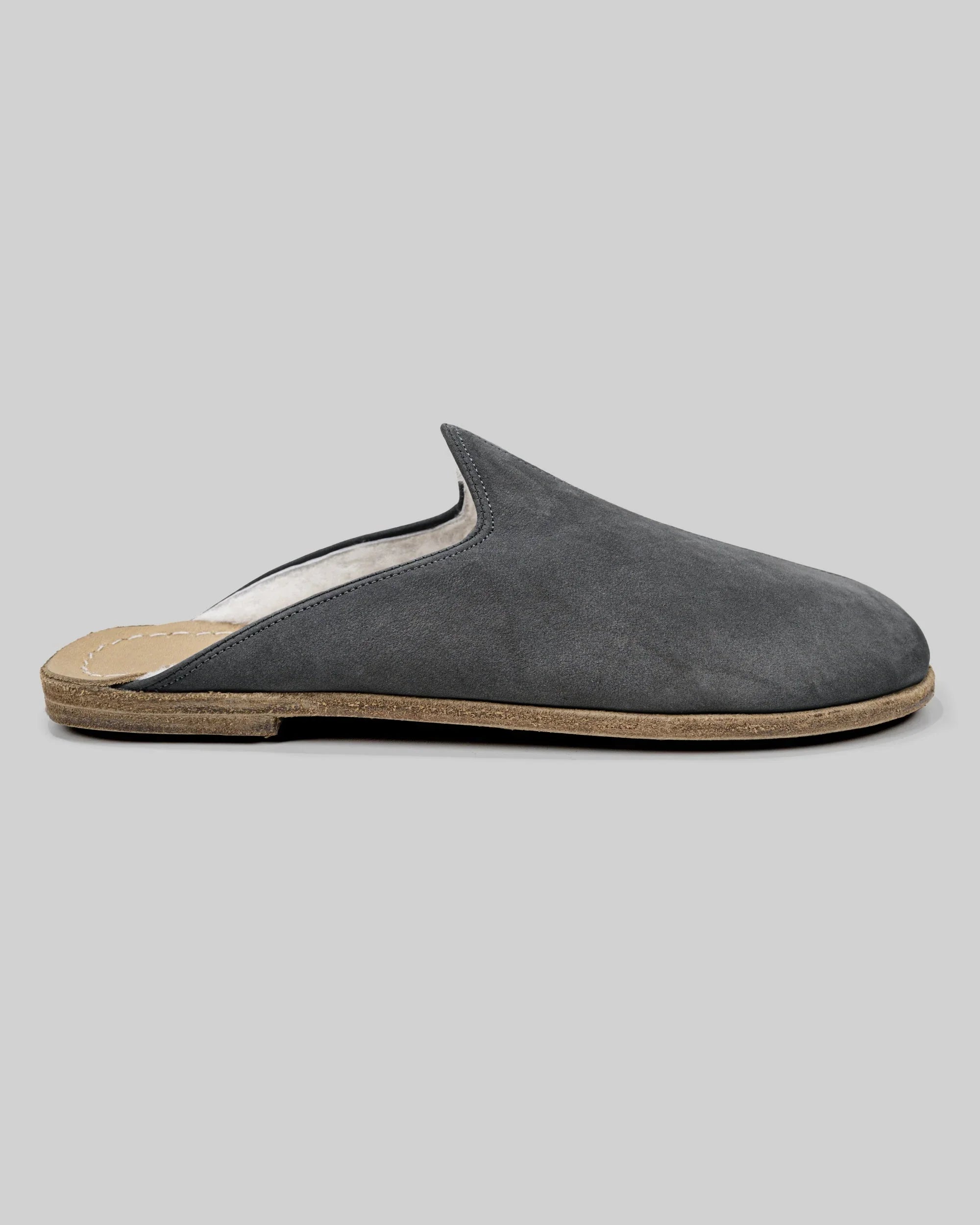 Side view Smoked Nubuck Shearling Slippers - Calf Leather Zero Drop | Bespoky