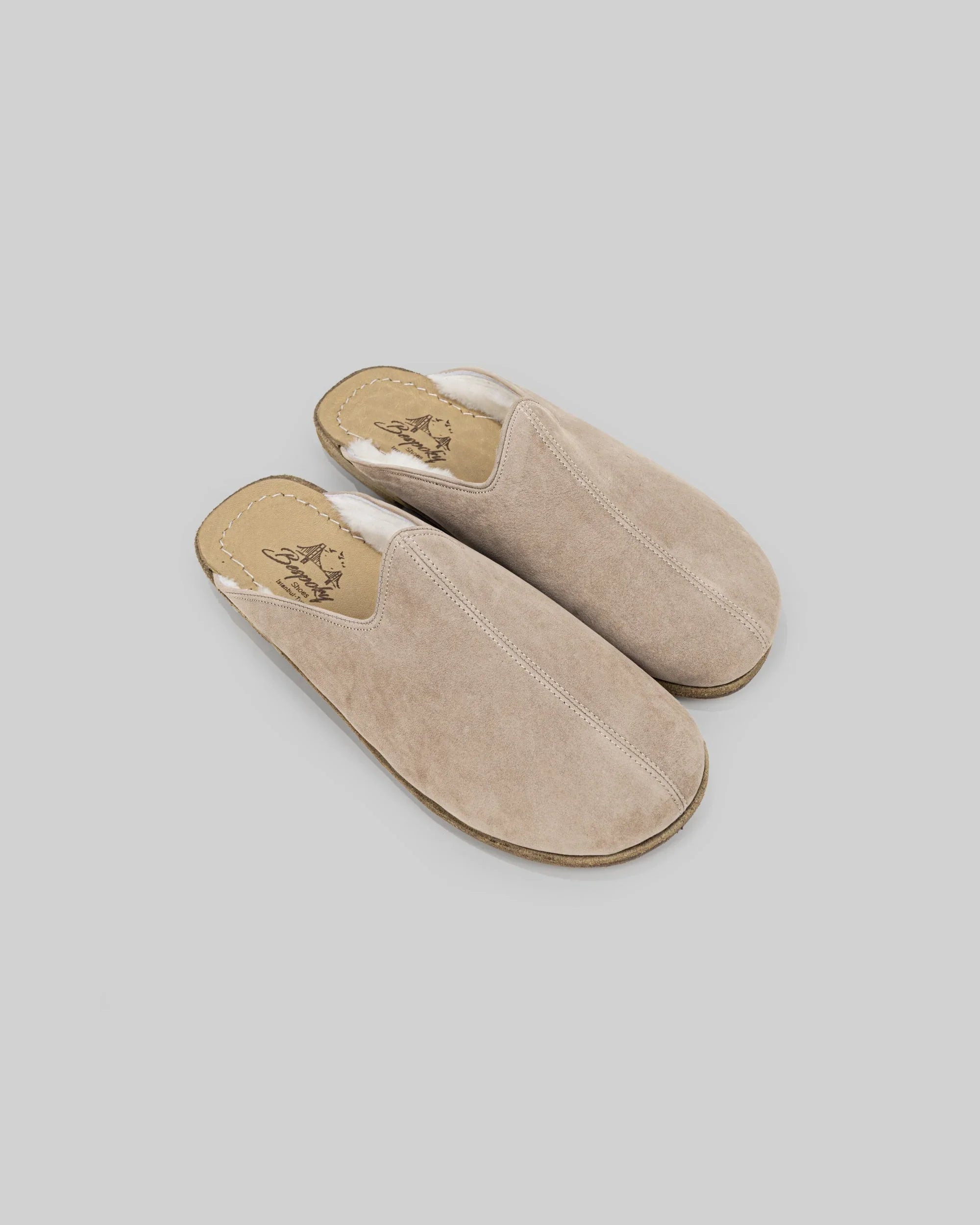 Men's Beige Nubuck Shearling Slippers - Handcrafted Calf Leather Wide Toe Box | Bespoky