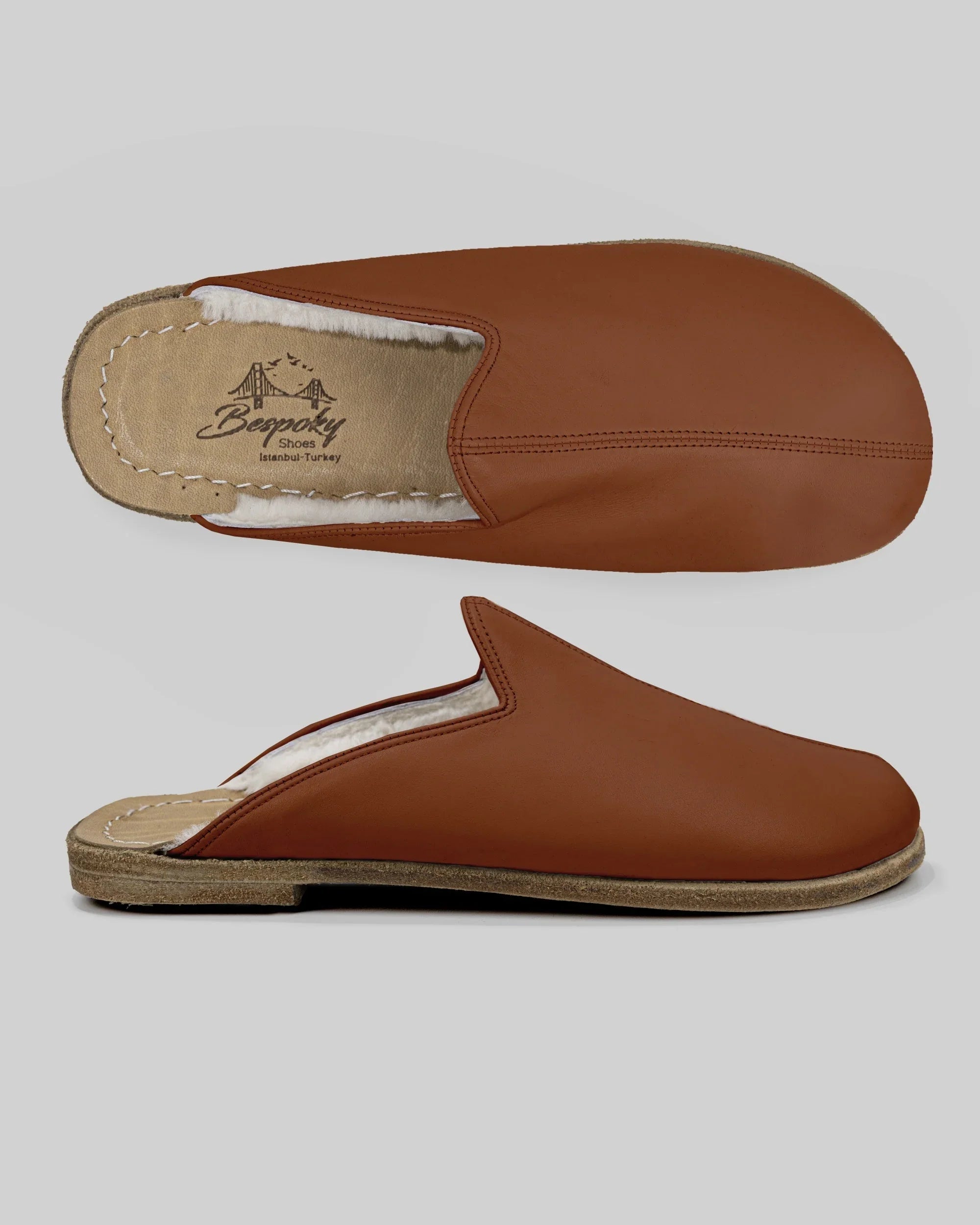 Back view Dark Brown Shearling Slippers - Calf Leather Handcrafted | Bespoky
