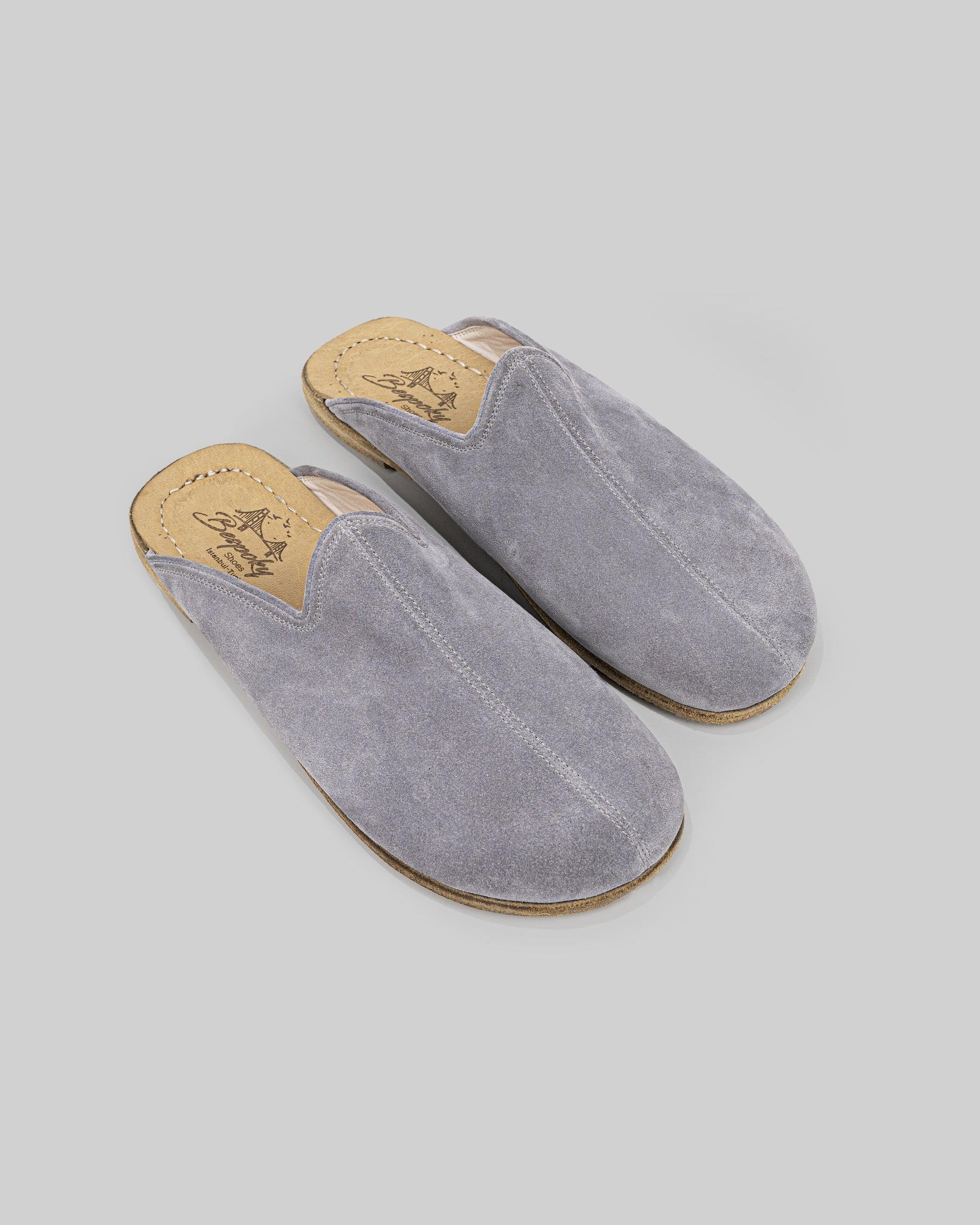 Men's Grey Suede Slippers - Handcrafted Calf Leather Wide Toe Box | Bespoky