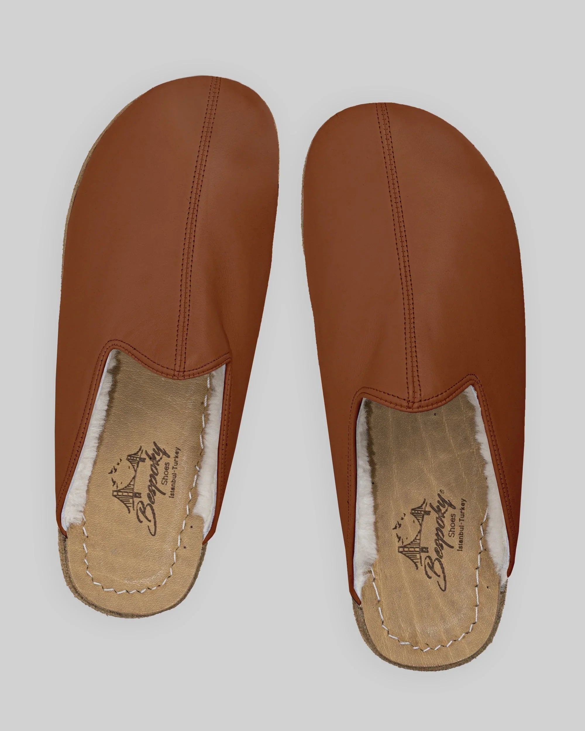 Pair Dark Brown Shearling Slippers - Barefoot Wide Toe Calf Leather | Bespoky