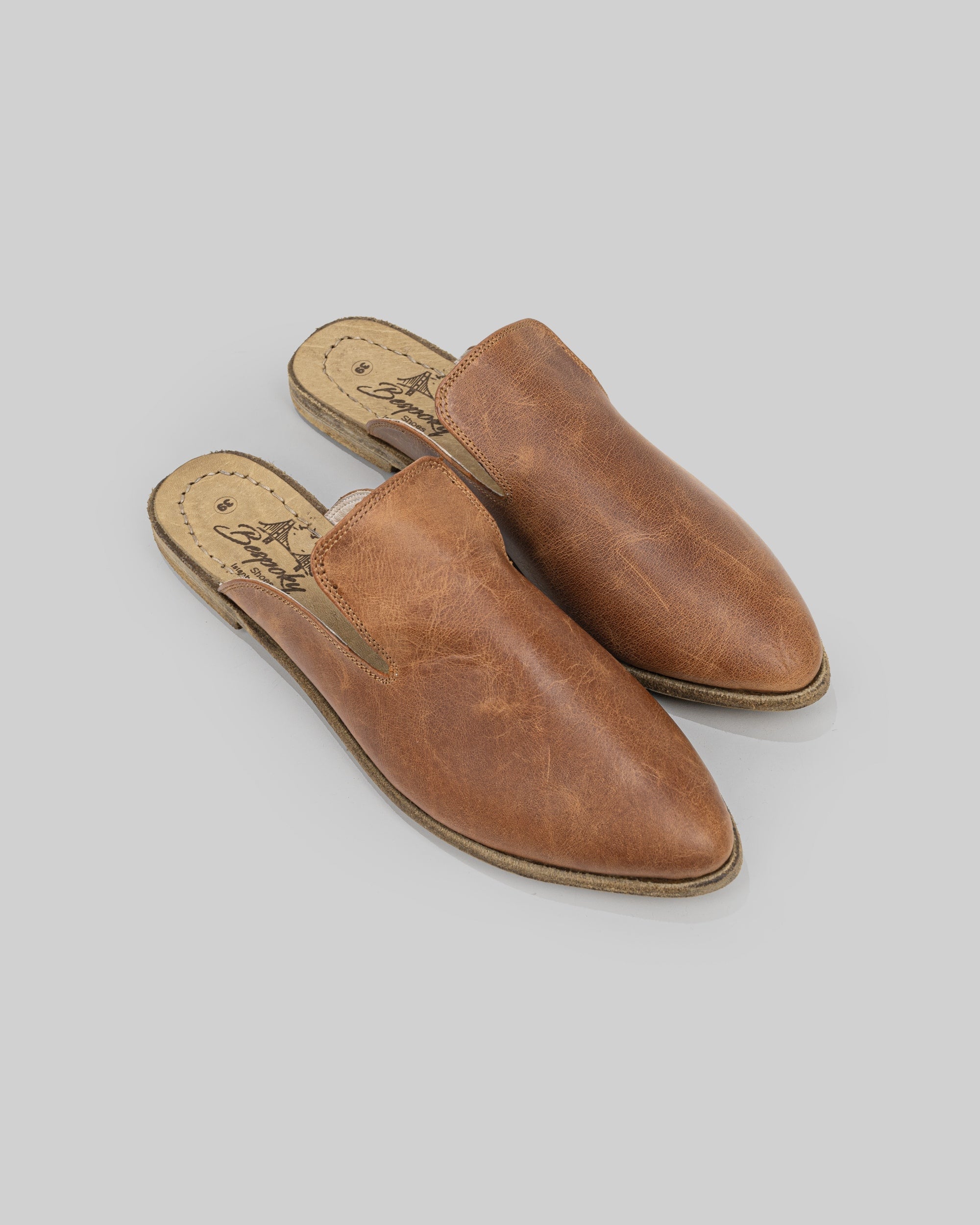 Women's Brown Pointed Toe Mules - Handcrafted Calf Leather Wide Toe Box | Bespoky