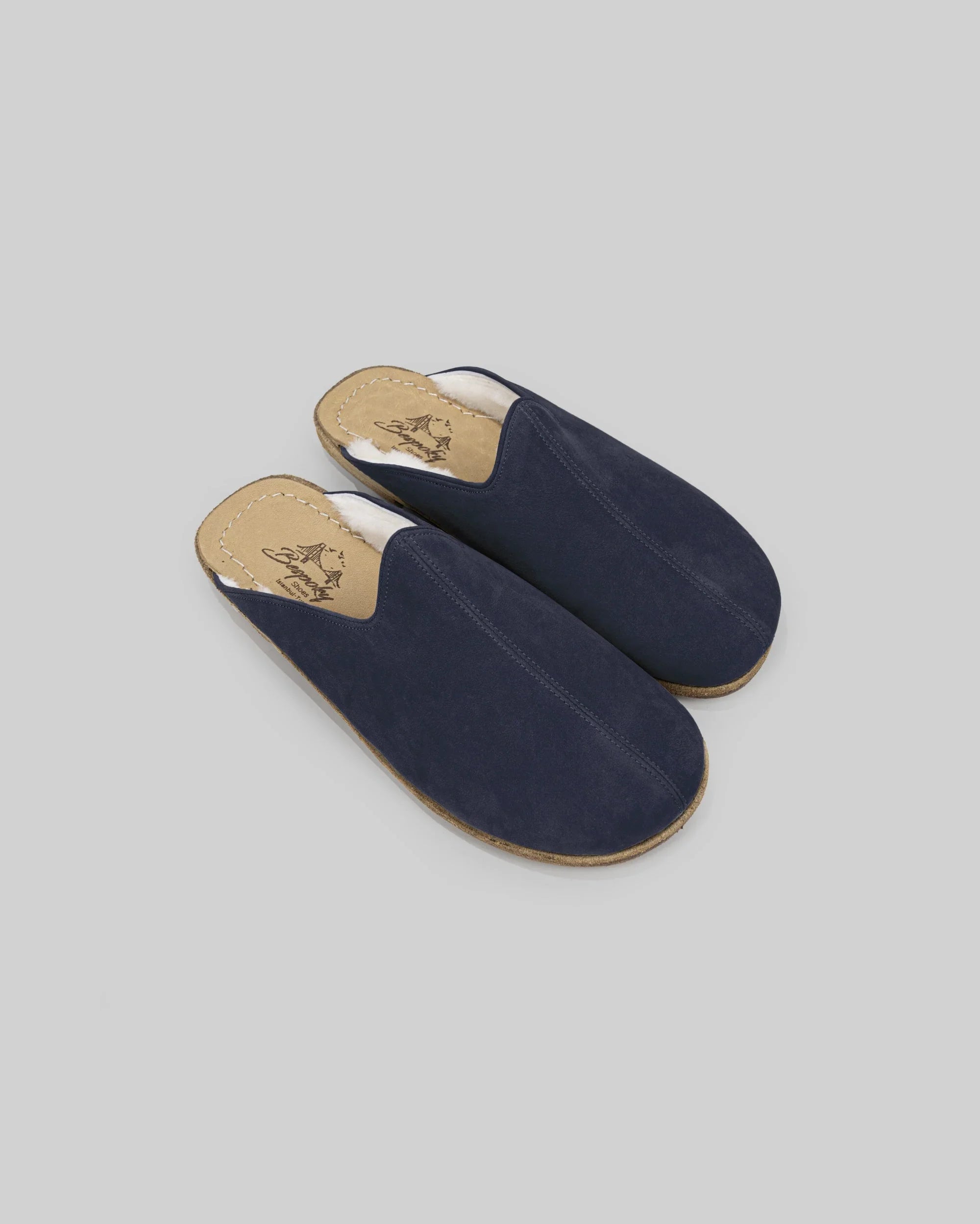 Men's Navy Nubuck Shearling Slippers - Handcrafted Calf Leather Wide Toe Box | Bespoky
