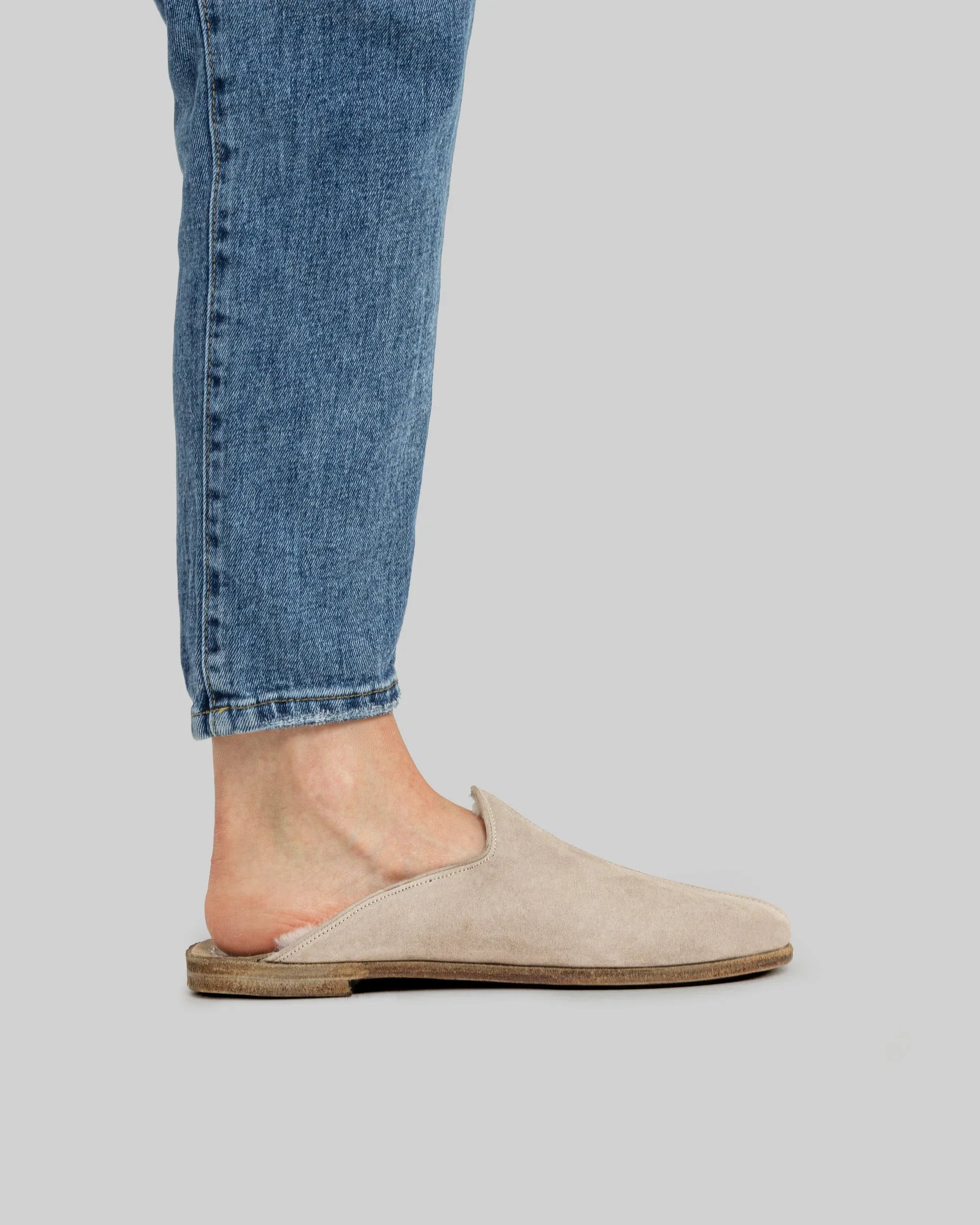 Pair Beige Nubuck Shearling Slippers - Barefoot Wide Toe Calf Leather | Bespoky