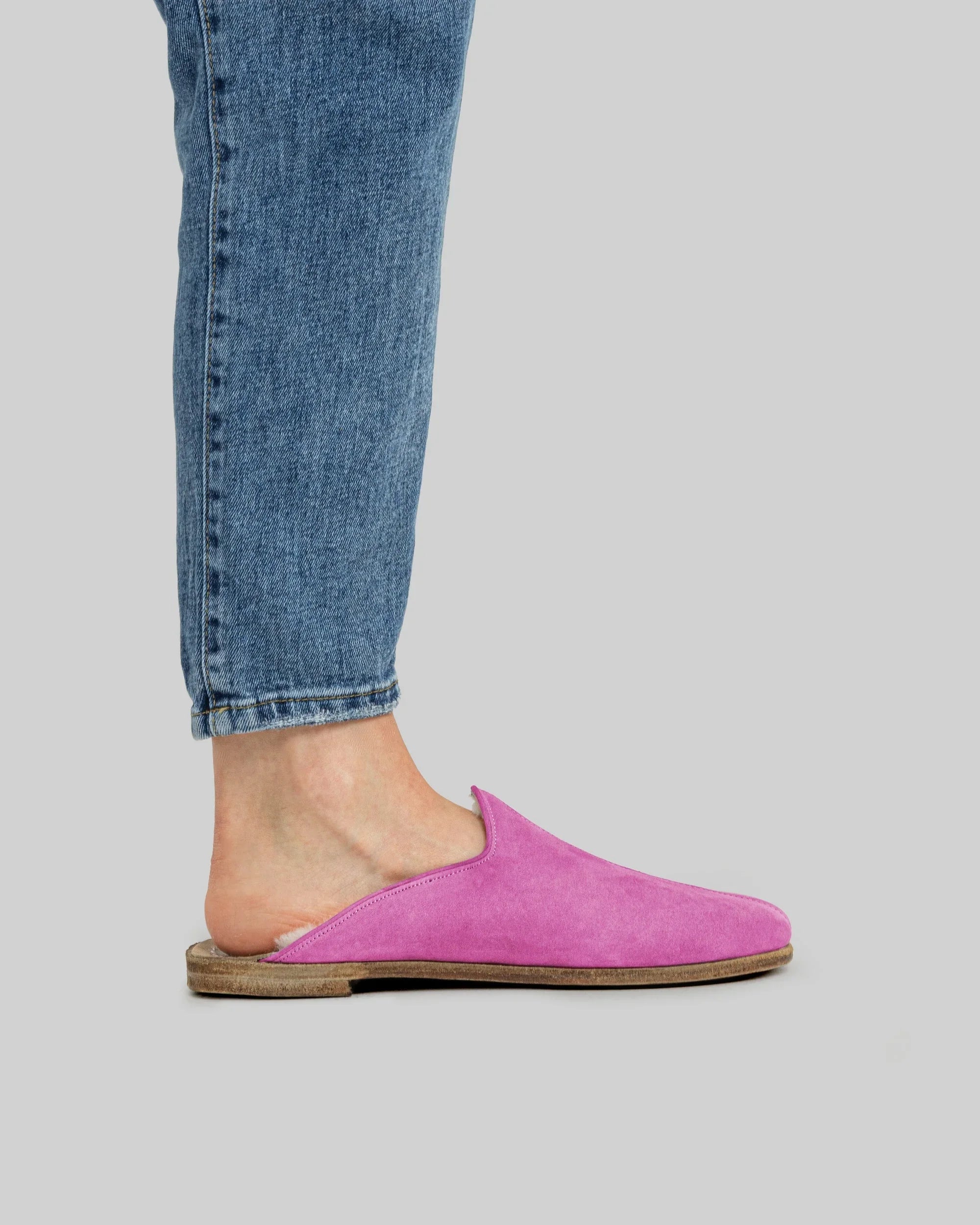 Pair Pink Shearling Slippers - Barefoot Wide Toe Calf Leather | Bespoky