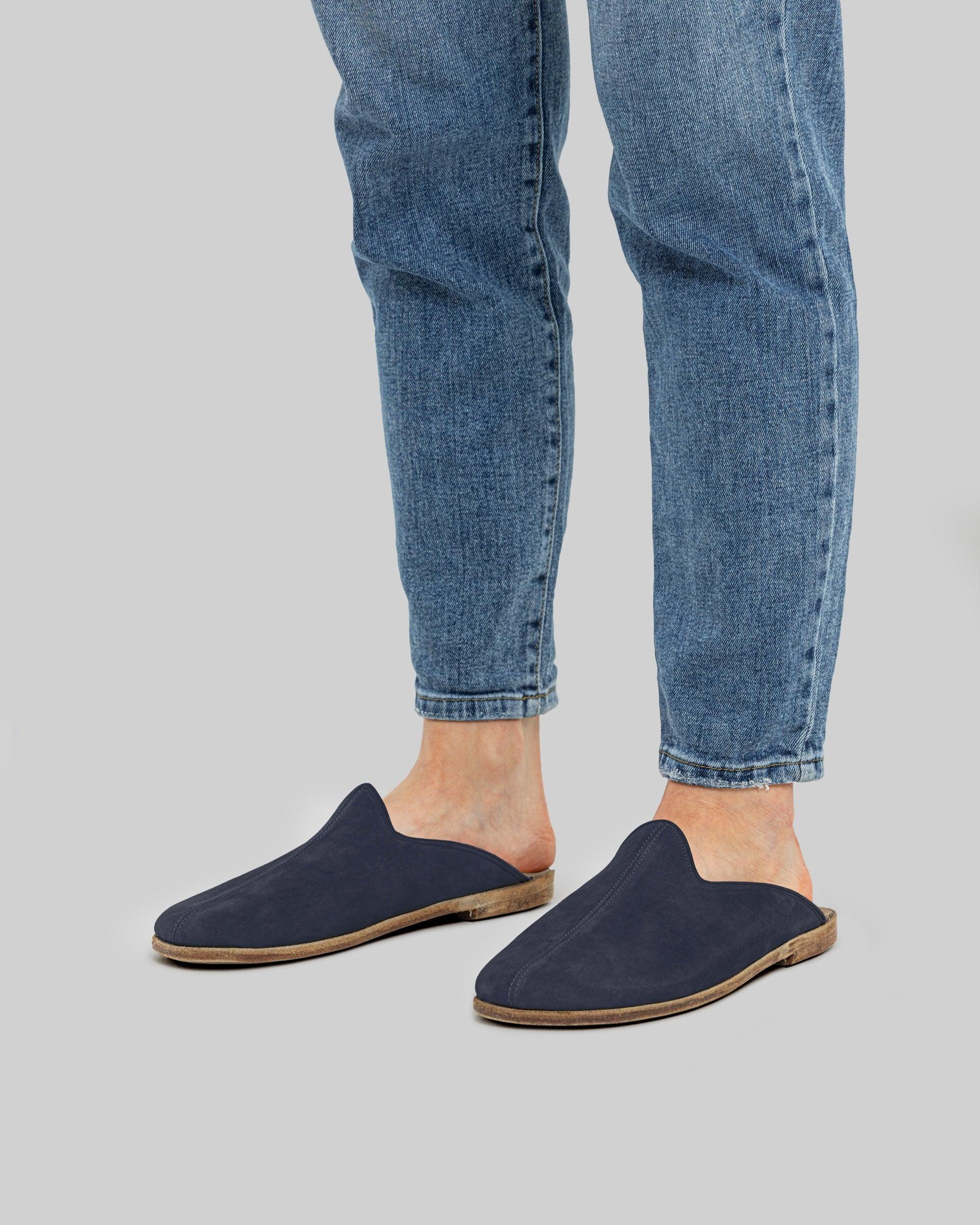 Detail Navy Nubuck Shearling Slippers - Handcrafted Calf Leather Turkey | Bespoky