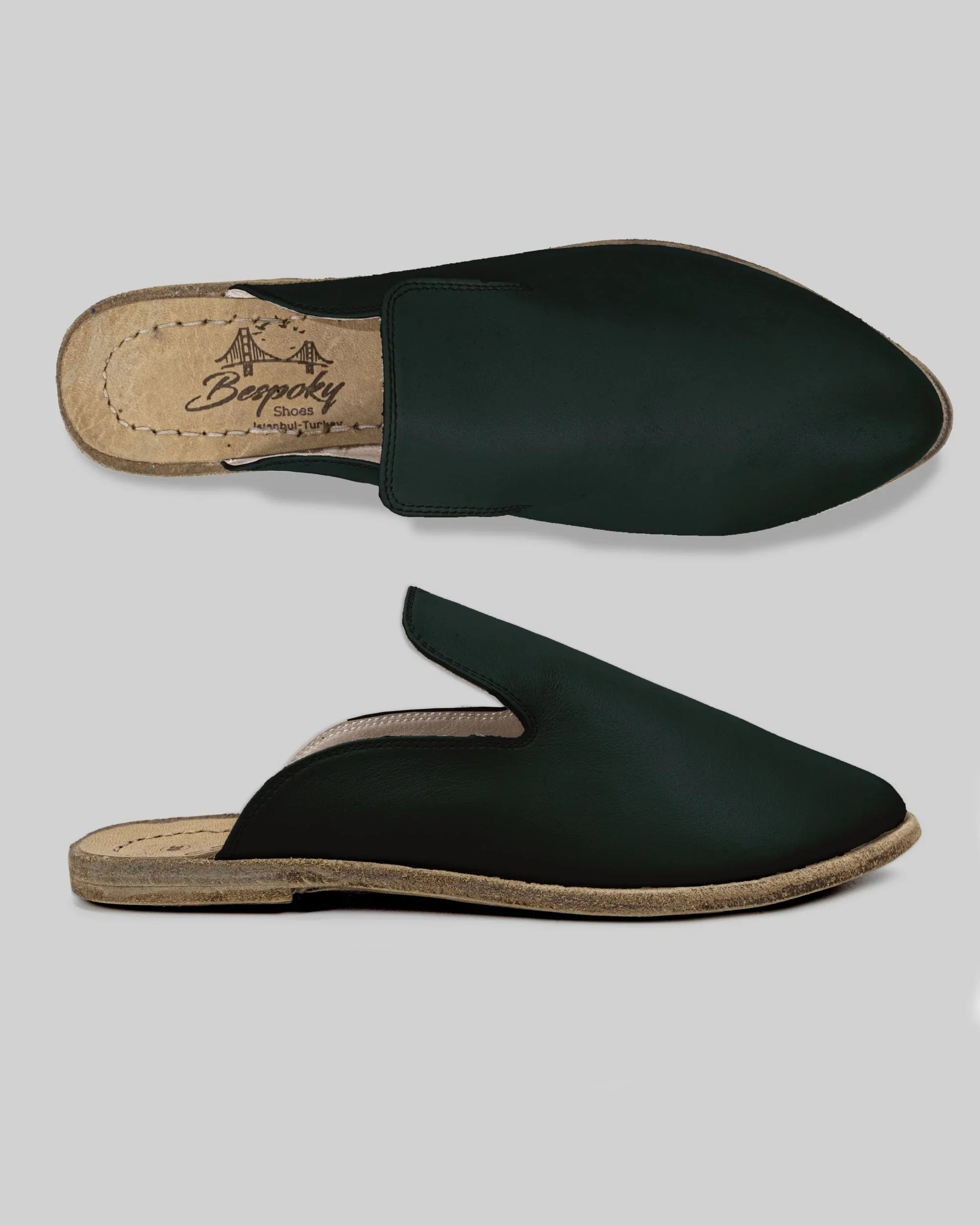 Women's Dark Green Pointed Toe Mules - Handcrafted Calf Leather Wide Toe Box | Bespoky