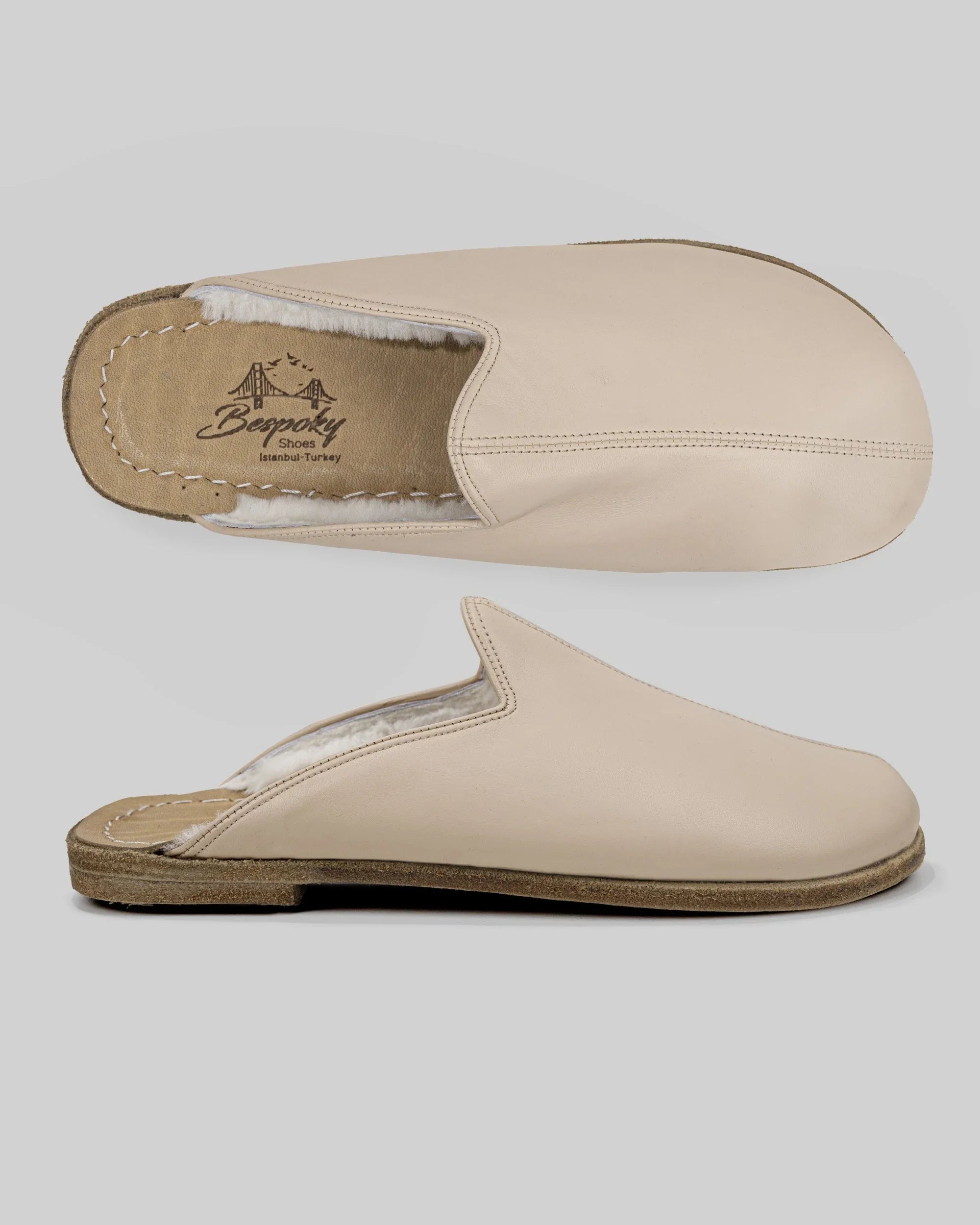 Top view Beige Shearling Slippers - Handcrafted Calf Leather | Bespoky