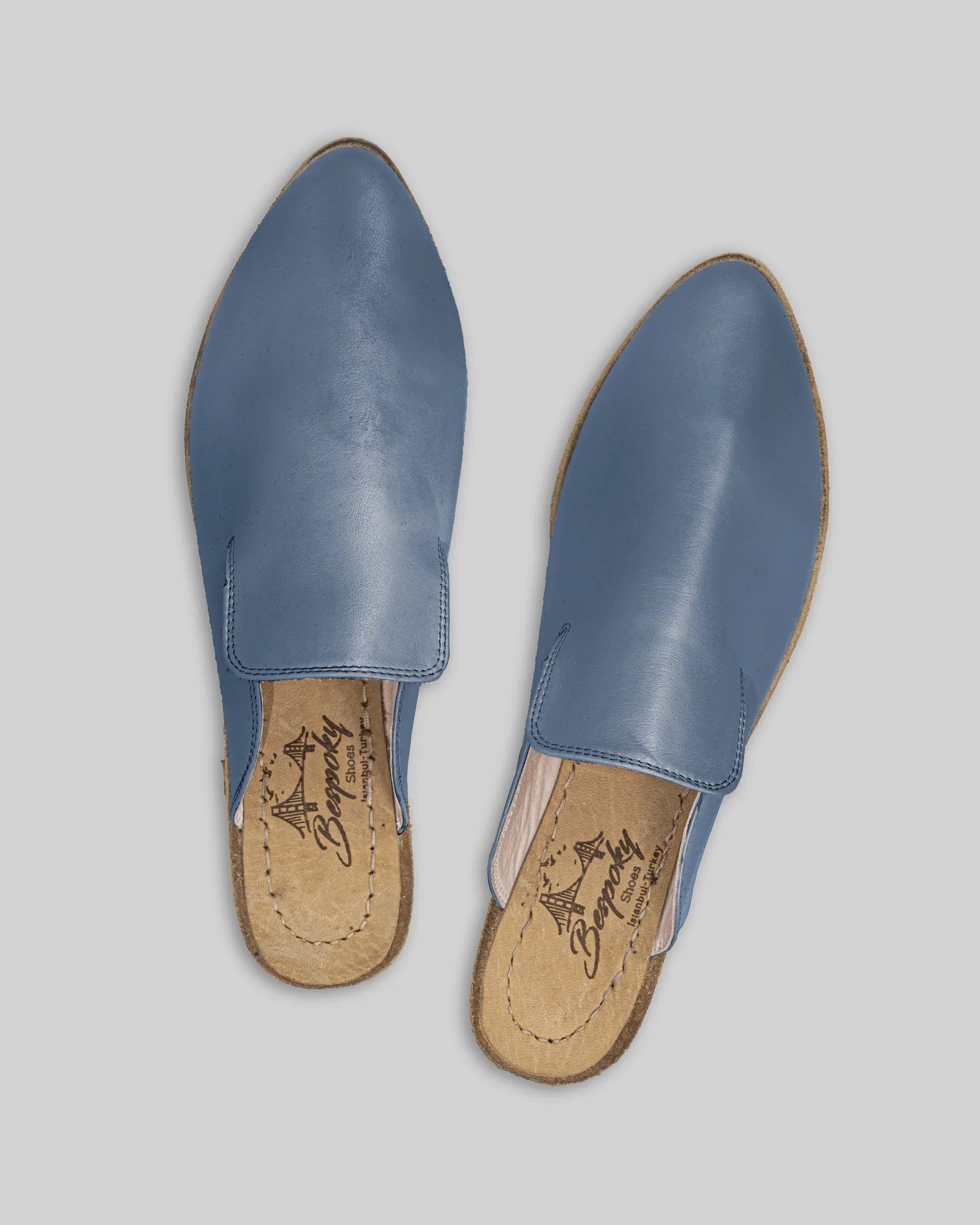 Side view Jean Blue Pointed Toe Mules - Calf Leather Zero Drop | Bespoky