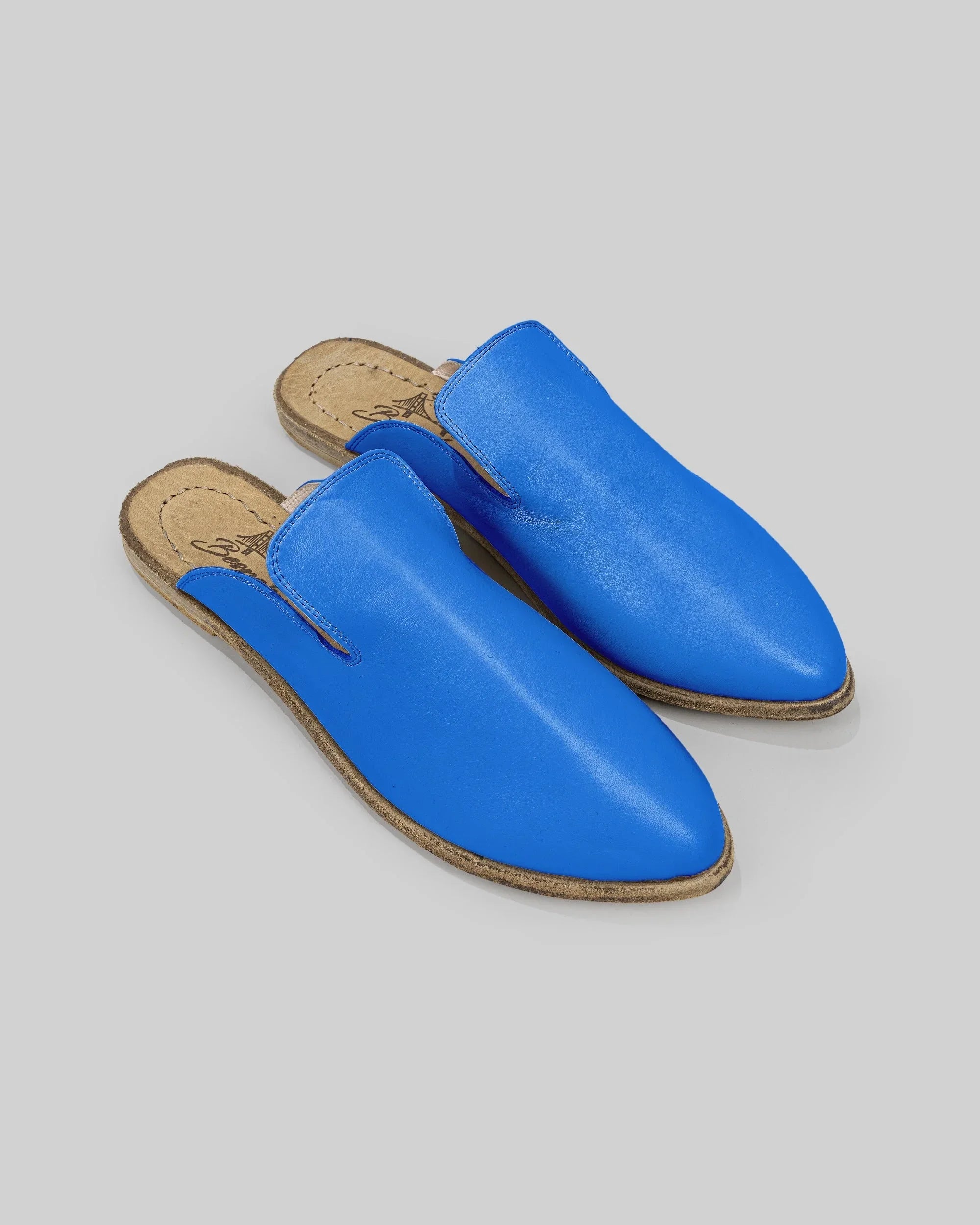 Women's Blue Pointed Toe Mules - Handcrafted Calf Leather Wide Toe Box | Bespoky