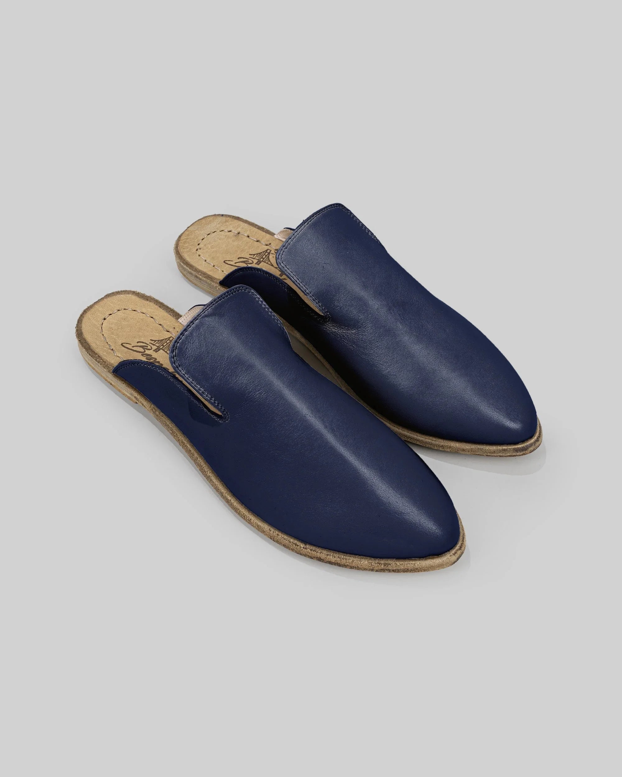 Women's Navy Blue Pointed Toe Mules - Handcrafted Calf Leather Wide Toe Box | Bespoky