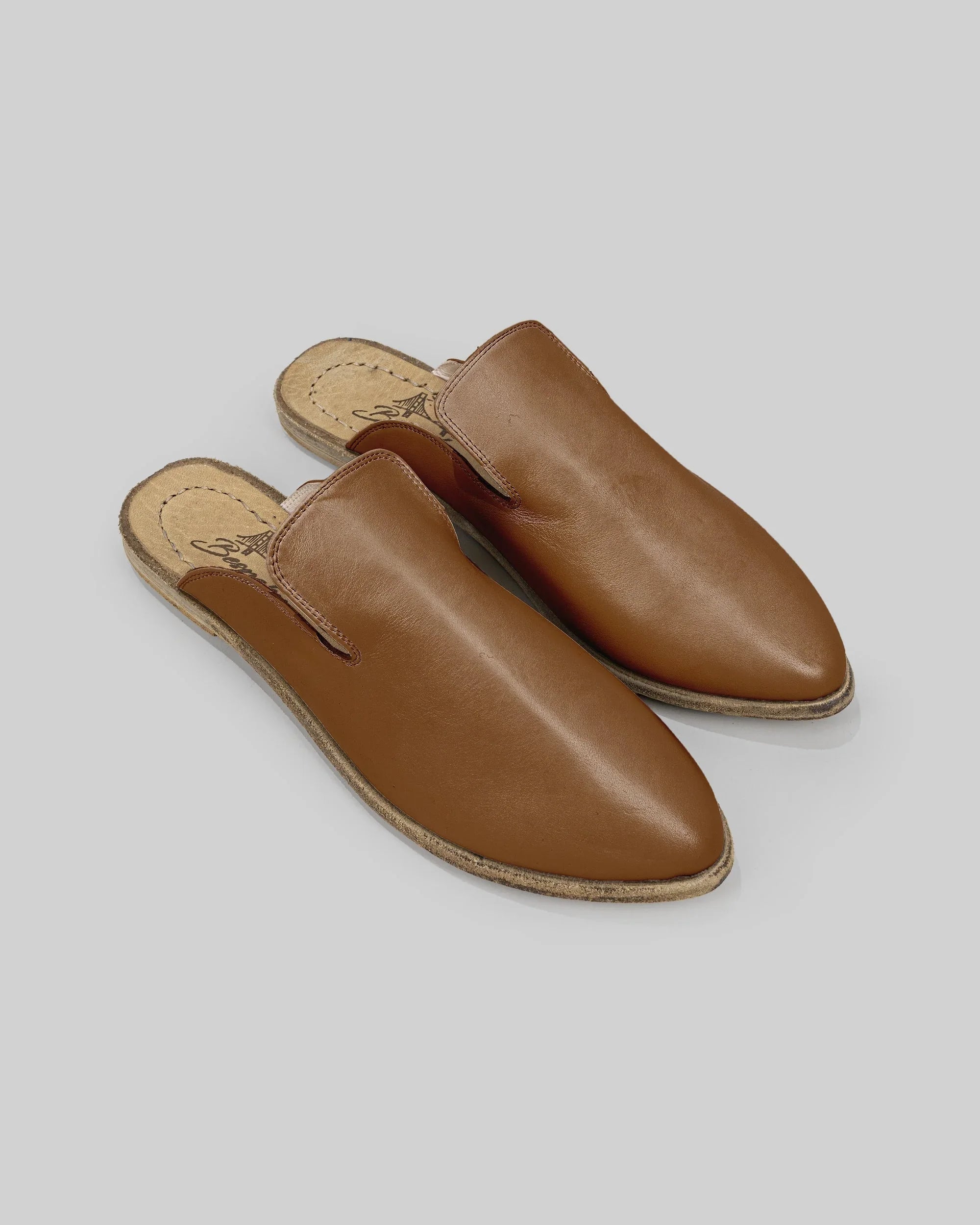 Women's Dark Tan Pointed Toe Mules - Handcrafted Calf Leather Wide Toe Box | Bespoky