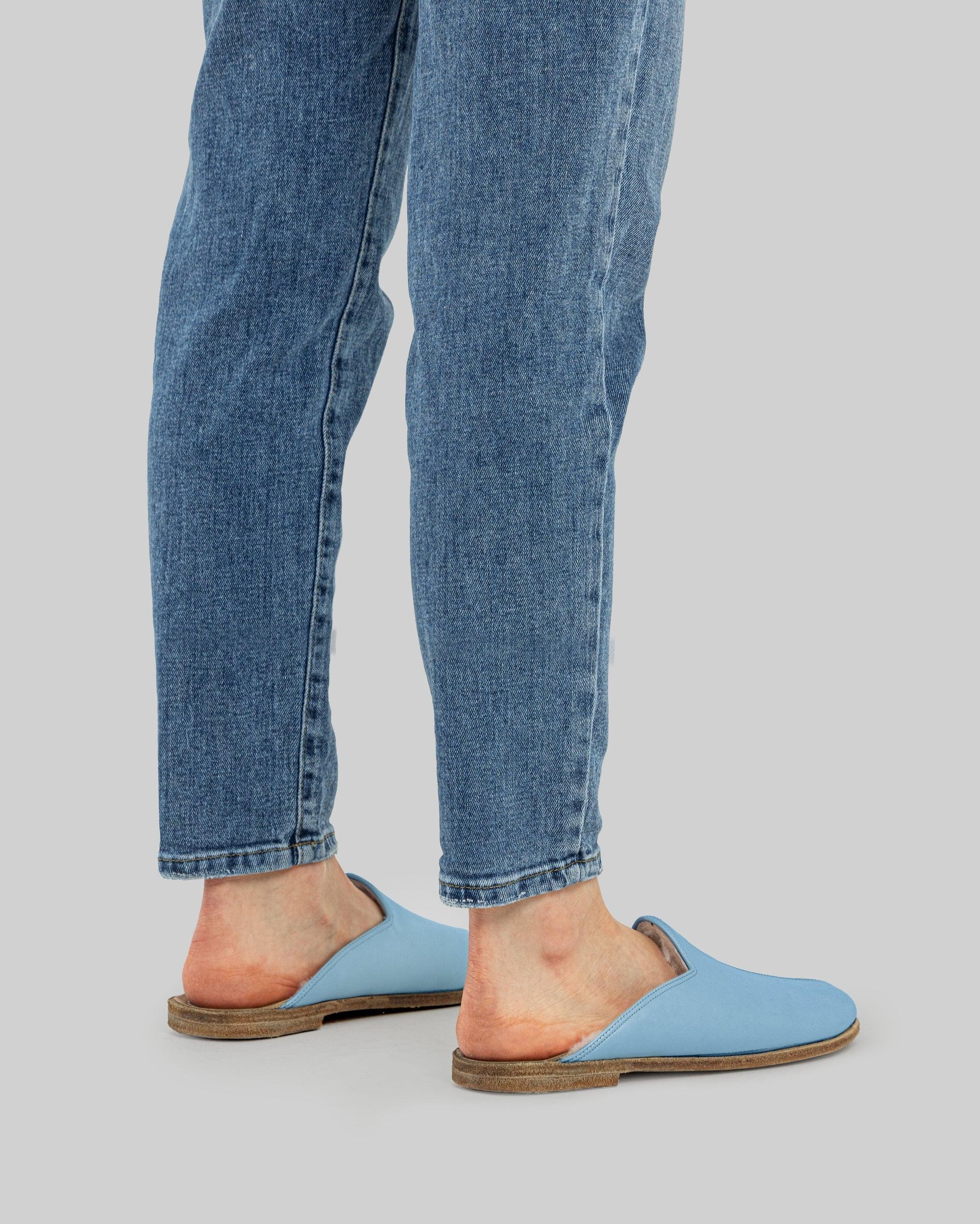 Detail Baby Blue Shearling Slippers - Handcrafted Calf Leather Turkey | Bespoky