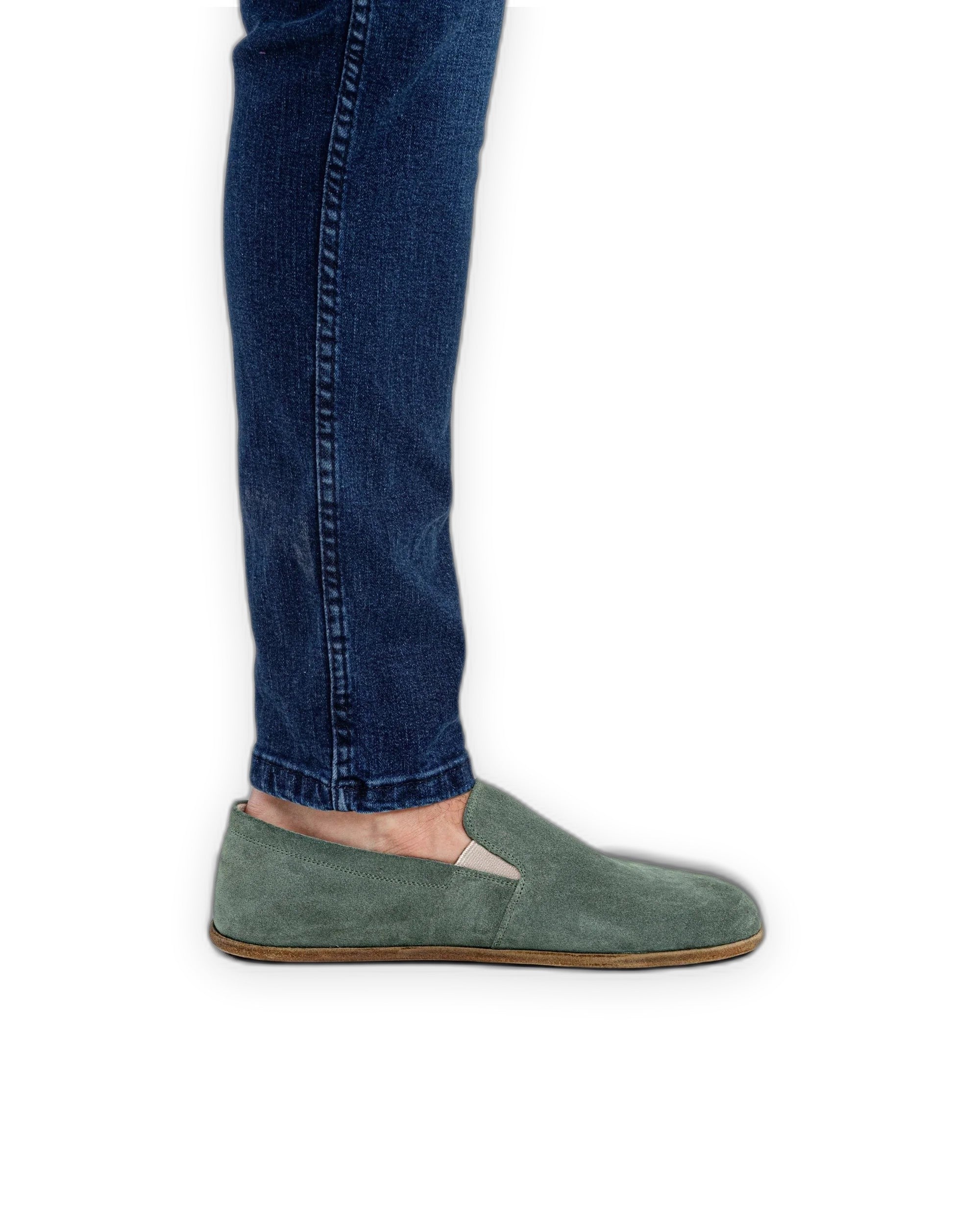 Detail Green Suede Barefoot Shoes - Handcrafted Calf Leather Turkey | Bespoky