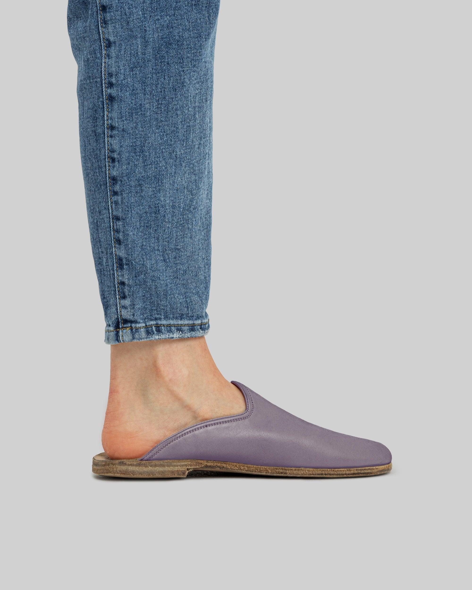Pair Purple Shearling Slippers - Barefoot Wide Toe Calf Leather | Bespoky